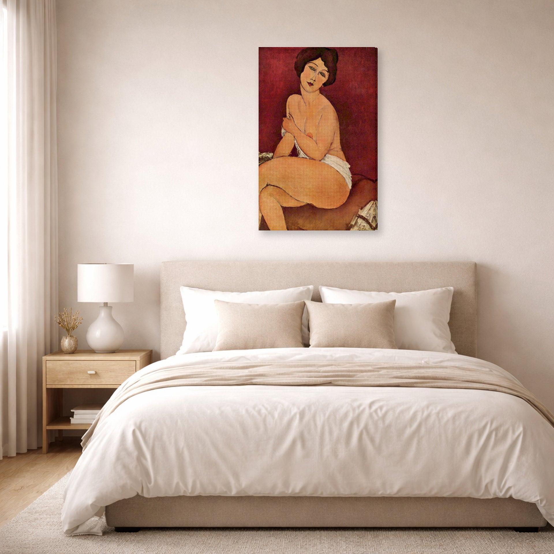Gallery-wrapped canvas print of Amedeo Modigliani's Nude Sitting on a Divan (La Belle Romaine) displayed on a wall in a bedroom