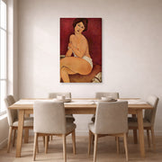 Gallery-wrapped canvas print of Amedeo Modigliani's Nude Sitting on a Divan (La Belle Romaine) displayed on a wall in a dining room