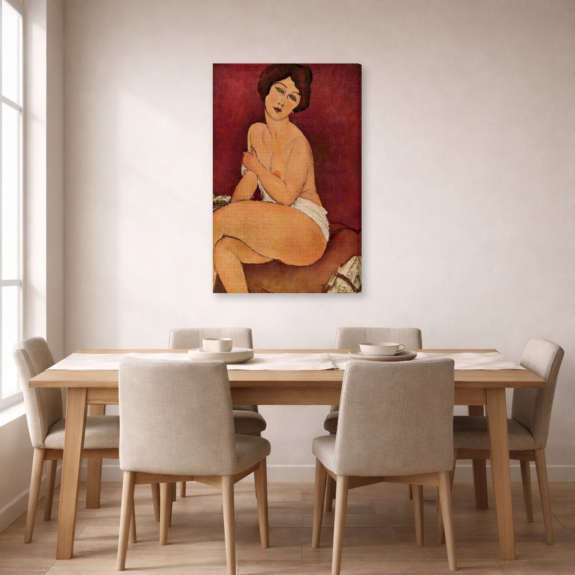 Gallery-wrapped canvas print of Amedeo Modigliani's Nude Sitting on a Divan (La Belle Romaine) displayed on a wall in a dining room