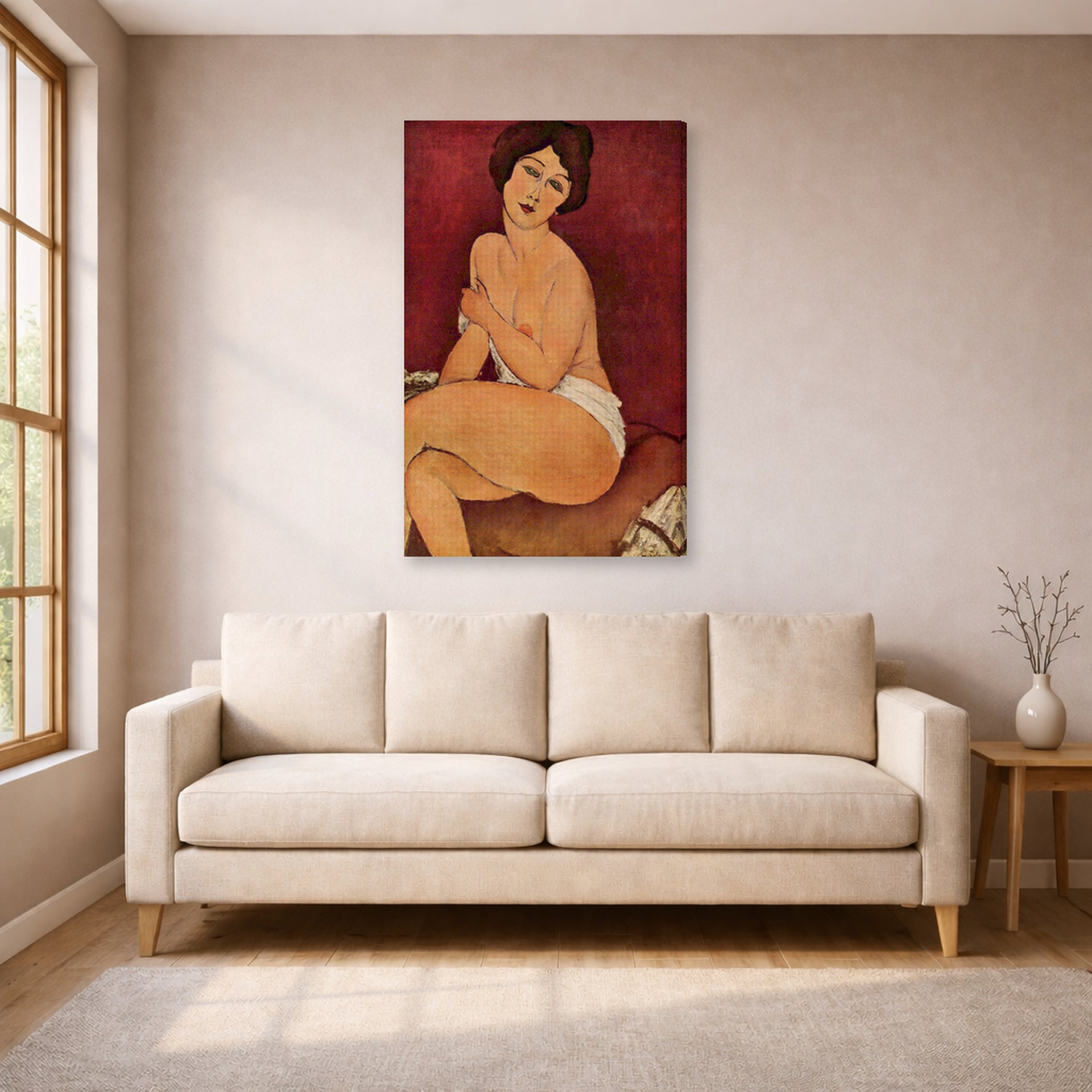 Gallery-wrapped canvas print of Amedeo Modigliani's Nude Sitting on a Divan (La Belle Romaine) displayed on a wall in a living room