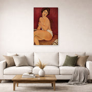 Gallery-wrapped canvas print of Amedeo Modigliani's Nude Sitting on a Divan (La Belle Romaine) displayed on a wall in a second living room setting