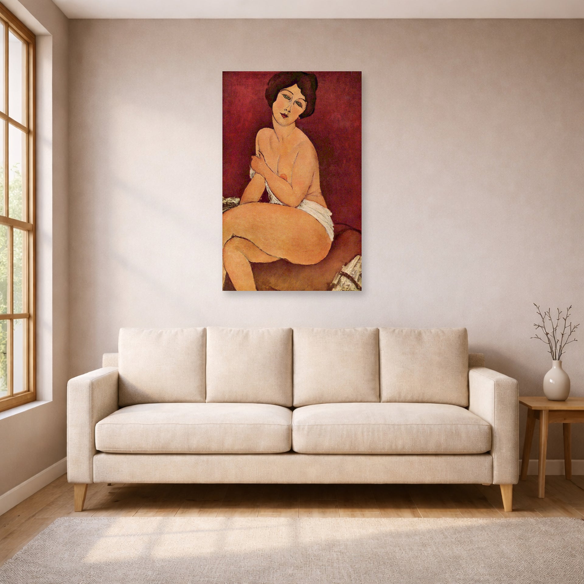 Unframed poster print of Amedeo Modigliani's Nude Sitting on a Divan (La Belle Romaine) displayed on a wall in a living room