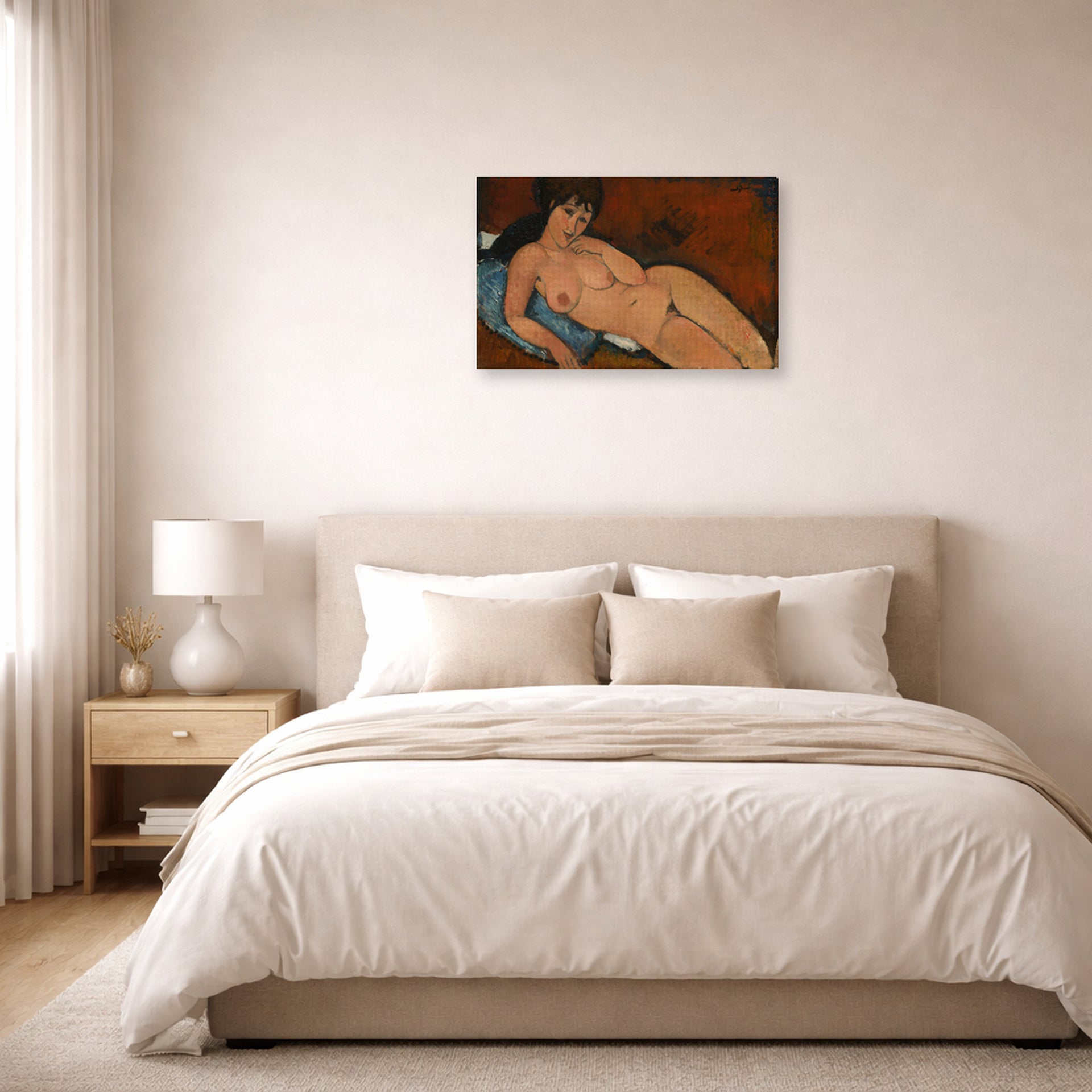 Gallery-wrapped canvas print of Amedeo Modigliani's Nude on a Blue Cushion displayed on a wall in a bedroom