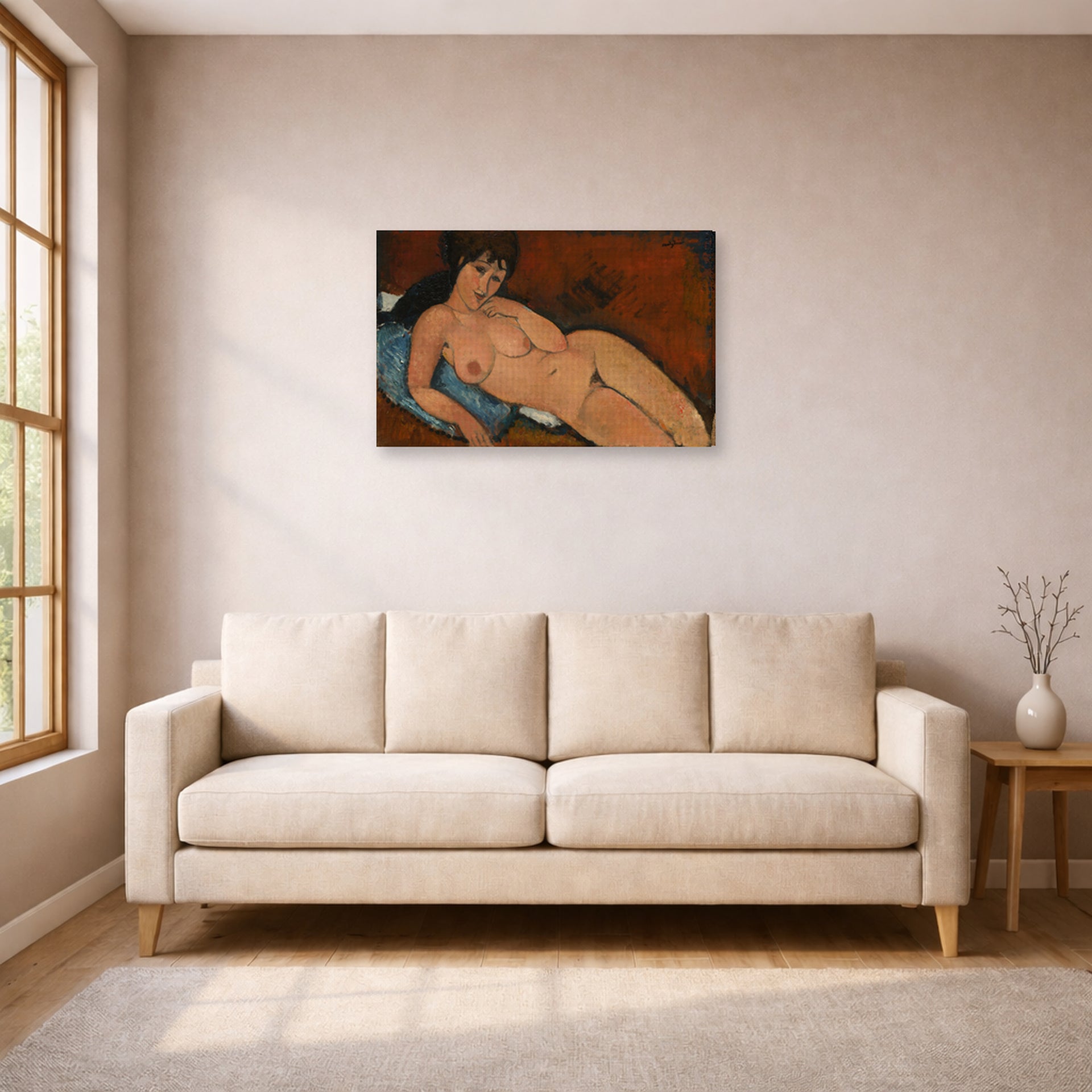 Gallery-wrapped canvas print of Amedeo Modigliani's Nude on a Blue Cushion displayed on a wall in a living room
