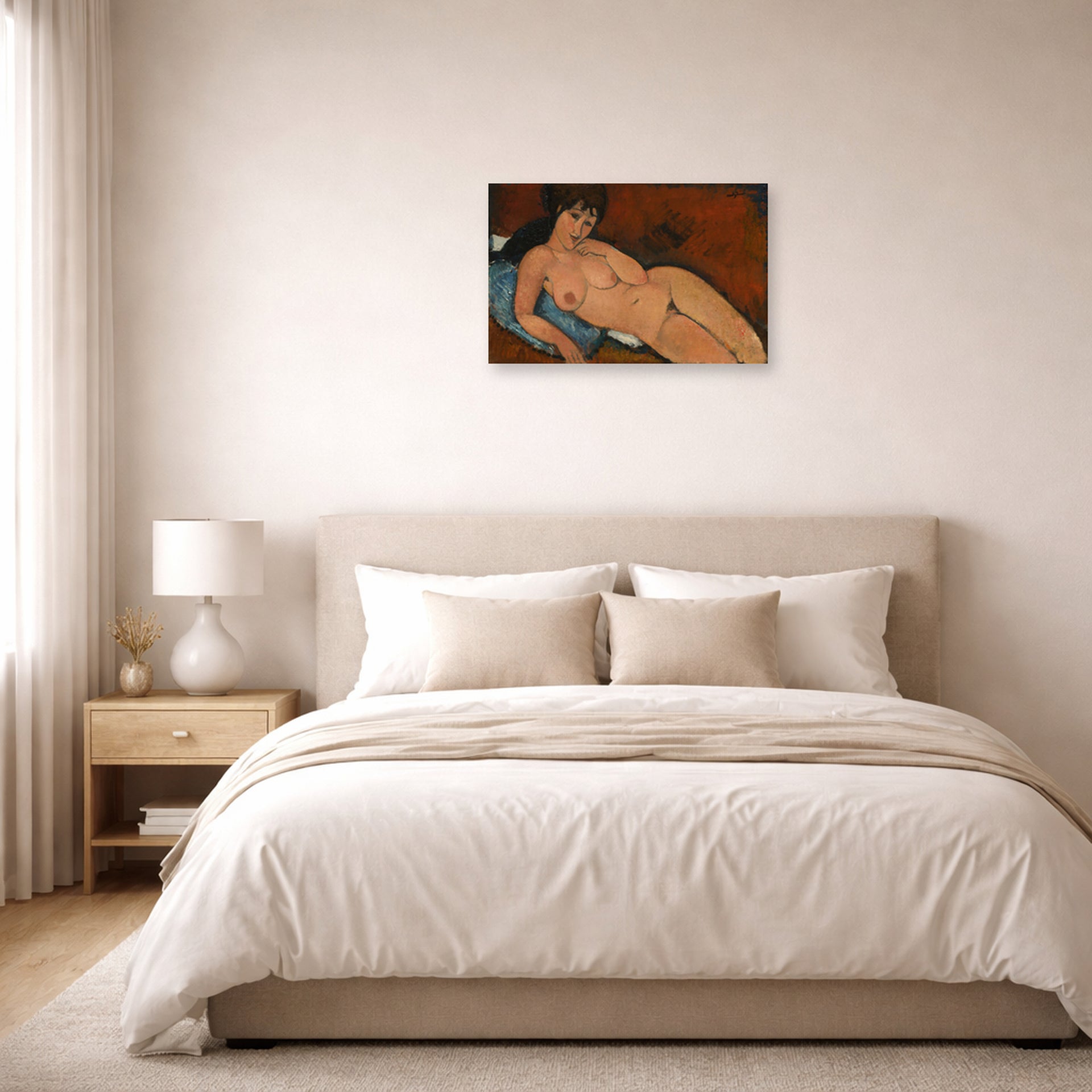Unframed poster print of Amedeo Modigliani's Nude on a Blue Cushion displayed on a wall in a bedroom