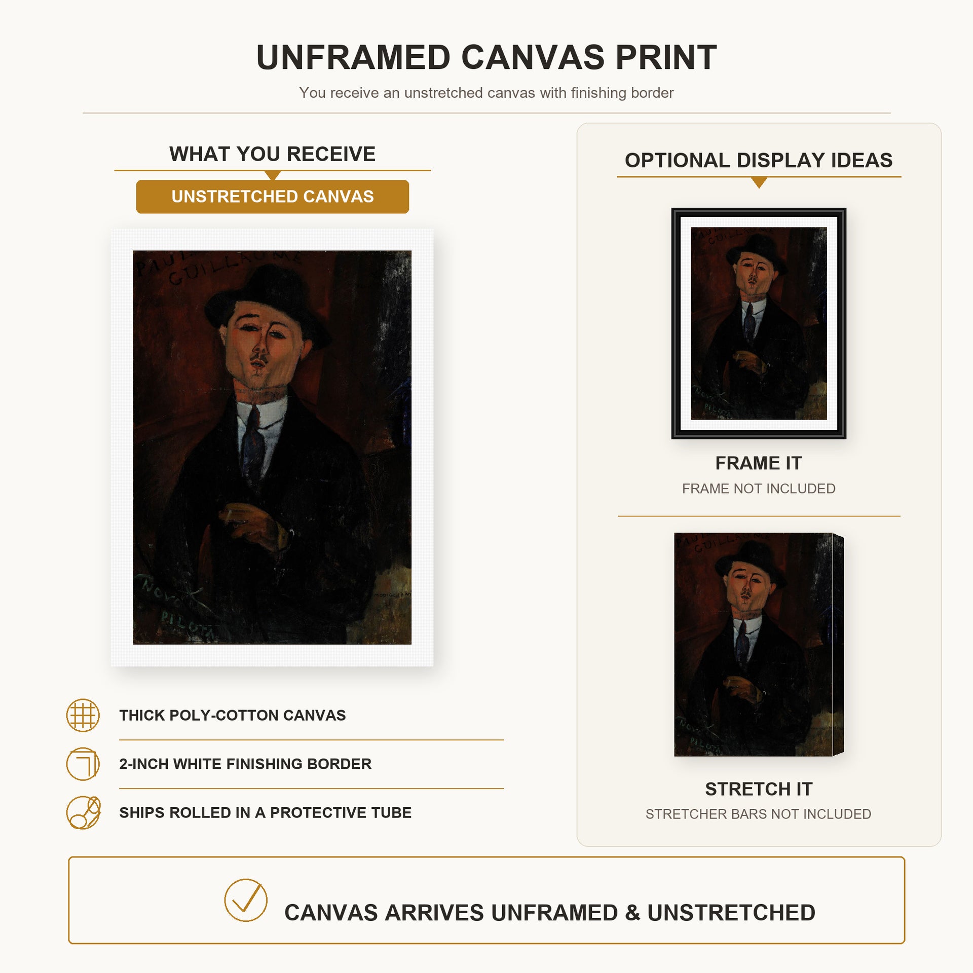 Amedeo Modigliani - Paul Guillaume, Novo Pilota canvas print size comparison and framing display infographic