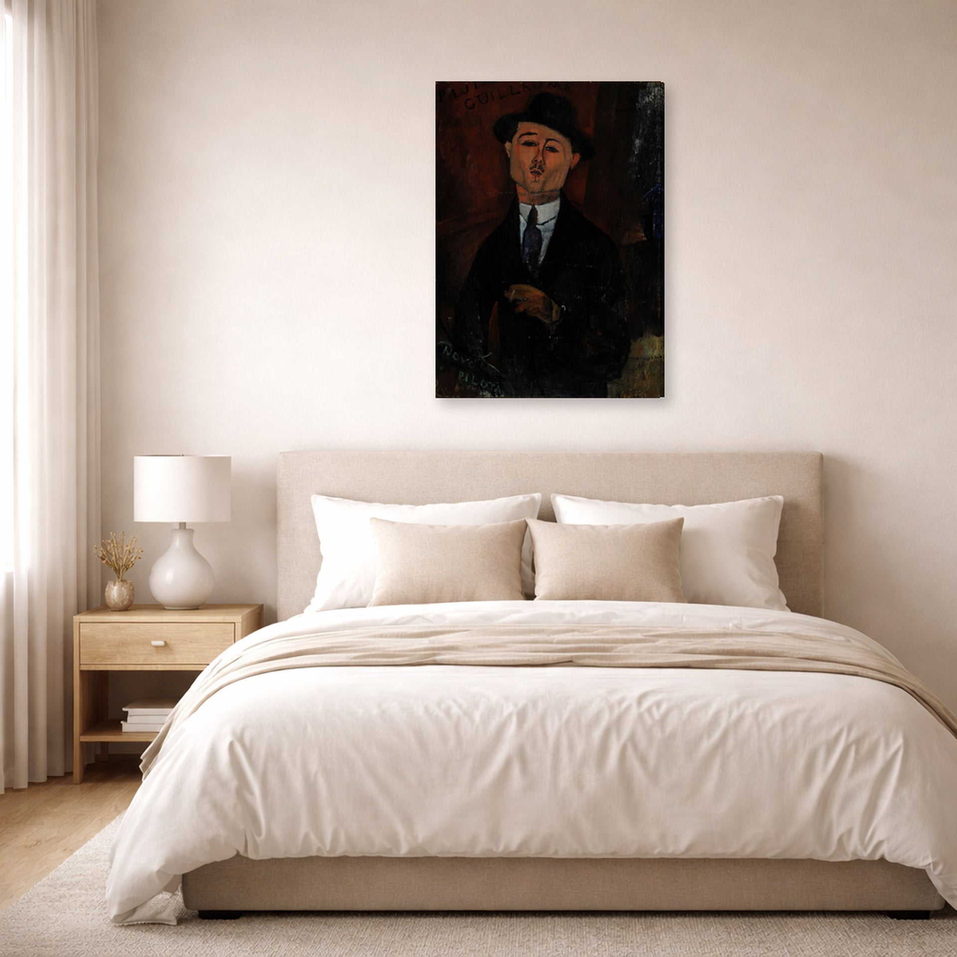 Gallery-wrapped canvas print of Amedeo Modigliani's Paul Guillaume, Novo Pilota displayed on a wall in a bedroom