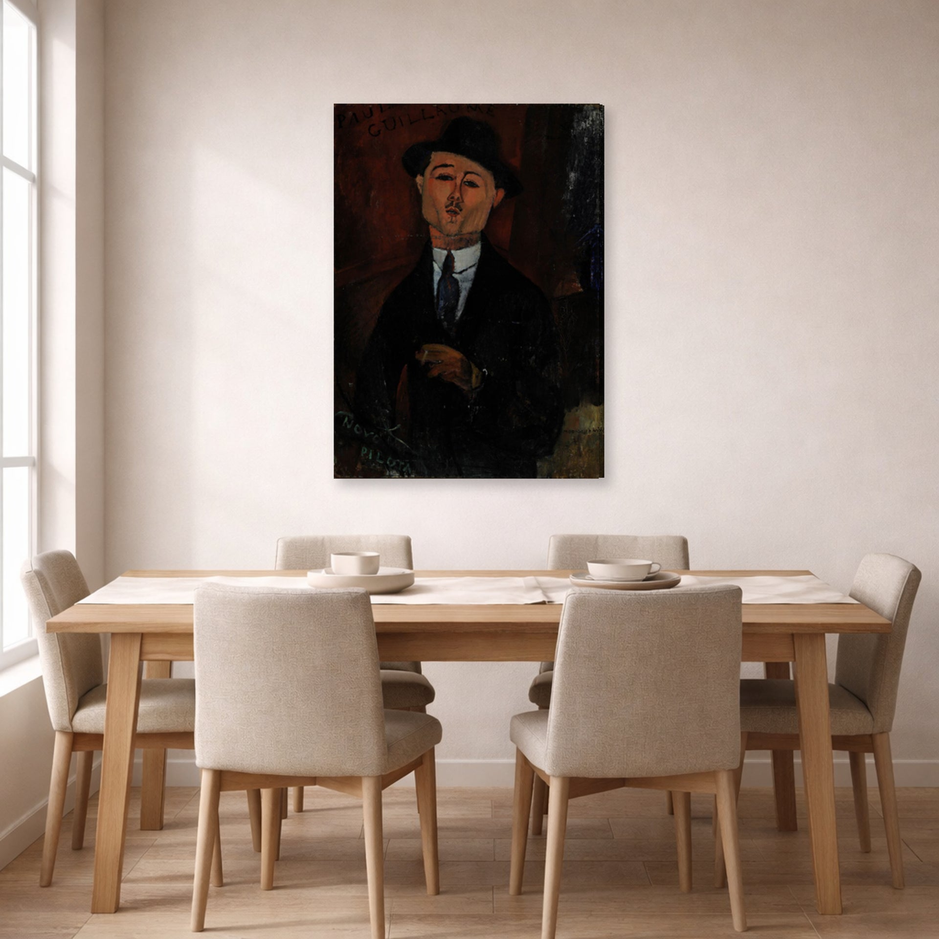 Gallery-wrapped canvas print of Amedeo Modigliani's Paul Guillaume, Novo Pilota displayed on a wall in a dining room