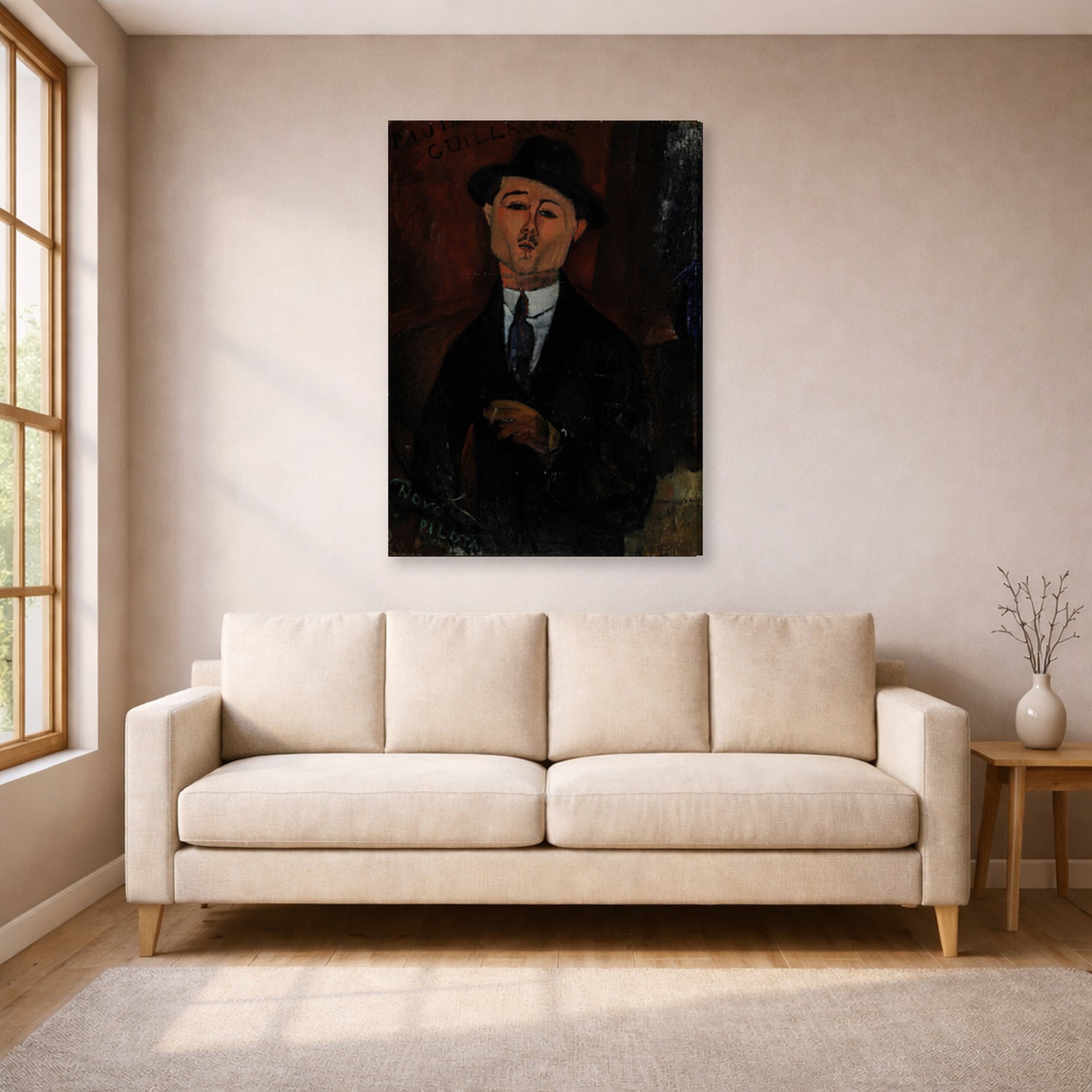 Gallery-wrapped canvas print of Amedeo Modigliani's Paul Guillaume, Novo Pilota displayed on a wall in a living room