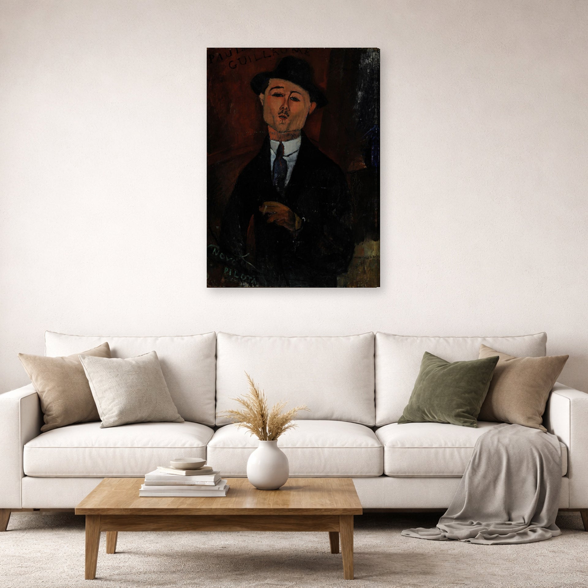 Gallery-wrapped canvas print of Amedeo Modigliani's Paul Guillaume, Novo Pilota displayed on a wall in a second living room setting