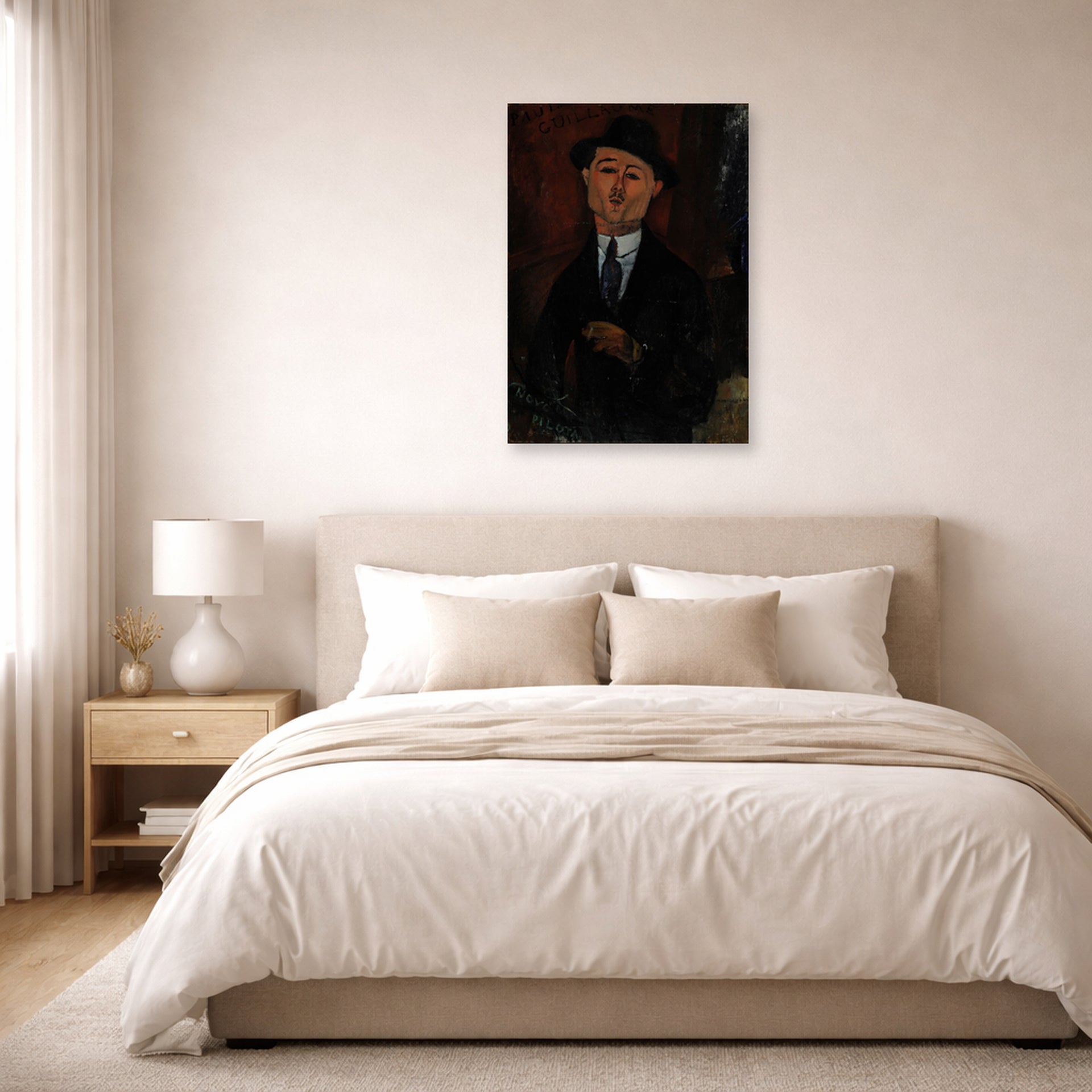 Unframed poster print of Amedeo Modigliani's Paul Guillaume, Novo Pilota displayed on a wall in a bedroom