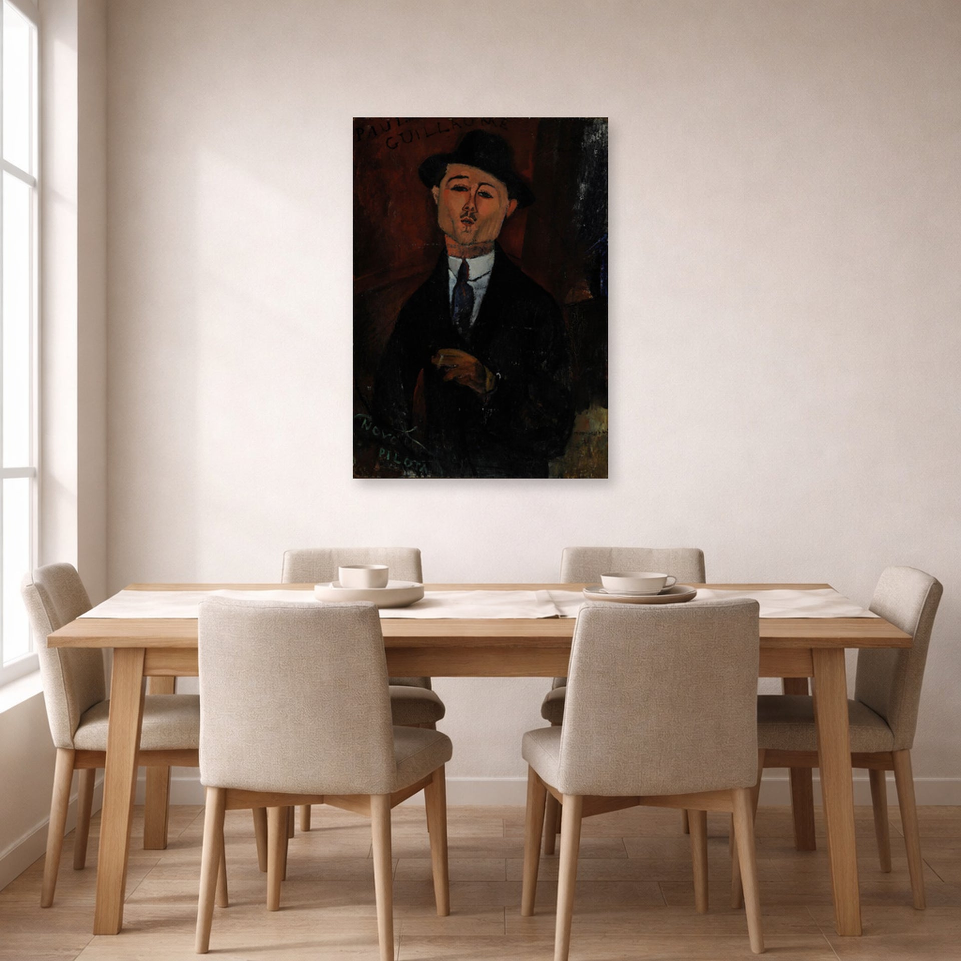 Unframed poster print of Amedeo Modigliani's Paul Guillaume, Novo Pilota displayed on a wall in a dining room