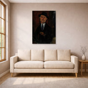 Unframed poster print of Amedeo Modigliani's Paul Guillaume, Novo Pilota displayed on a wall in a living room