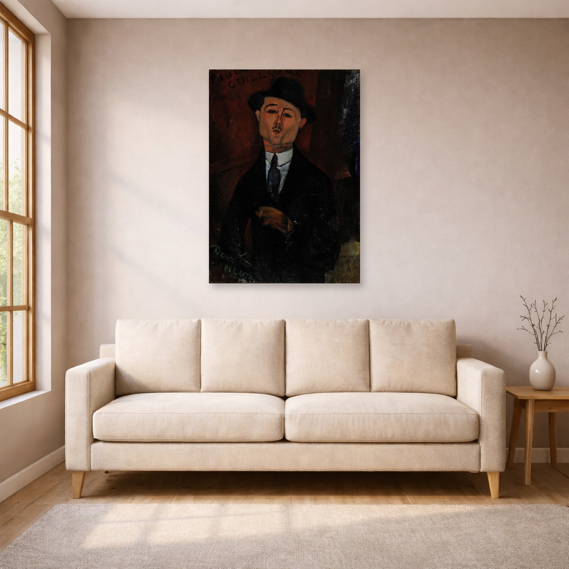 Unframed poster print of Amedeo Modigliani's Paul Guillaume, Novo Pilota displayed on a wall in a living room