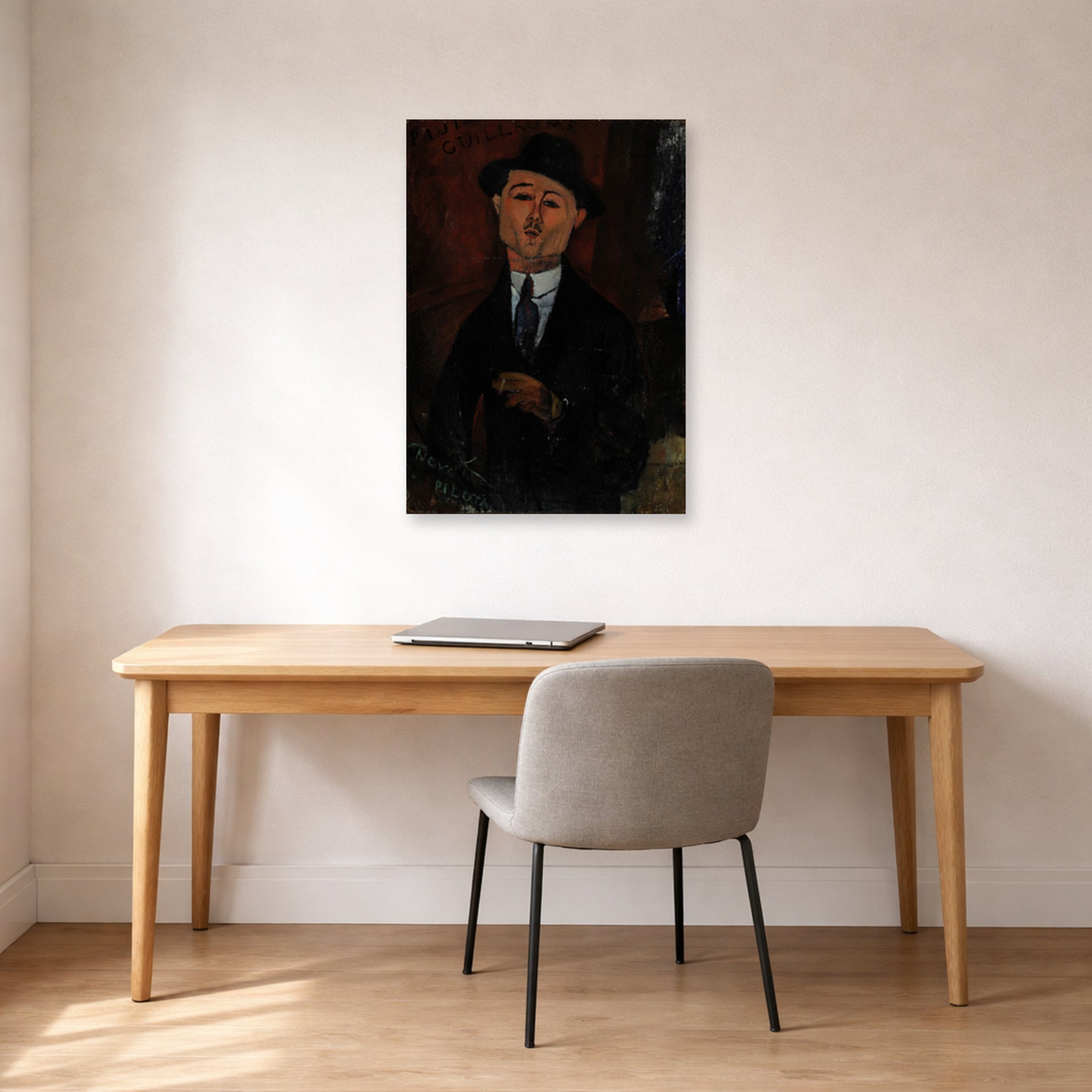 Unframed poster print of Amedeo Modigliani's Paul Guillaume, Novo Pilota displayed on a wall in an office