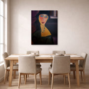 Gallery-wrapped canvas print of Amedeo Modigliani's Portrait of Jeanne Hebuterne displayed on a wall in a dining room