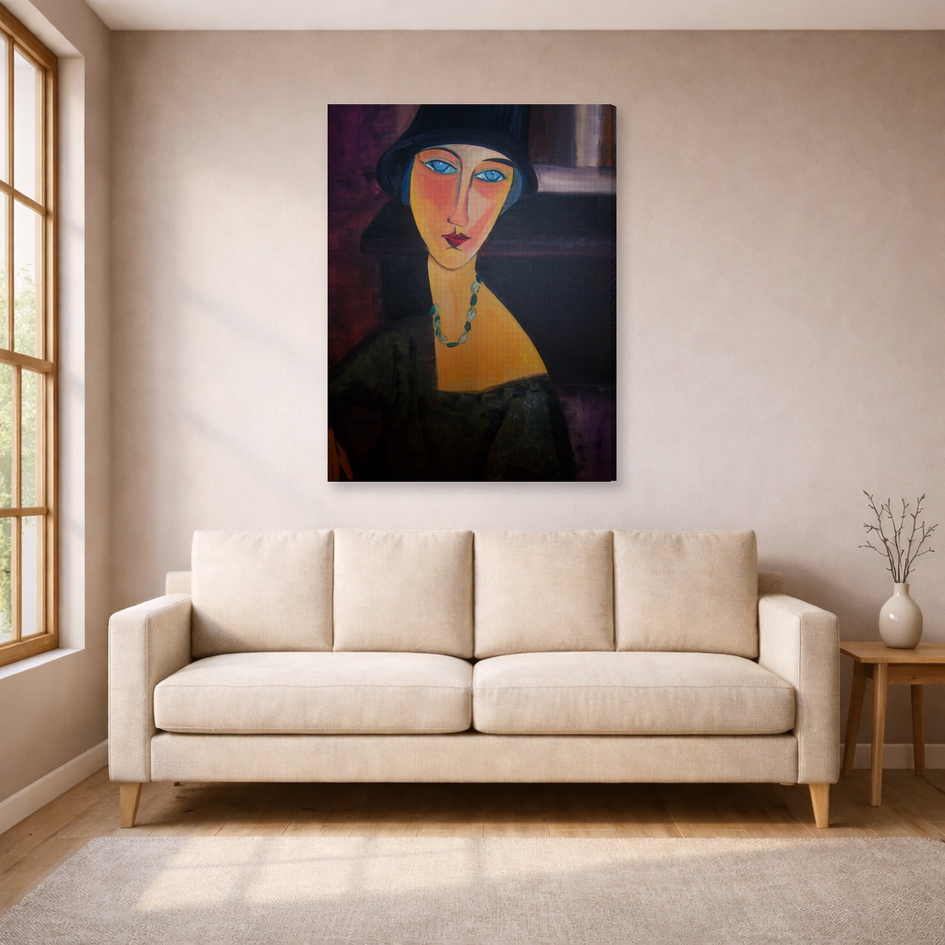 Gallery-wrapped canvas print of Amedeo Modigliani's Portrait of Jeanne Hebuterne displayed on a wall in a living room