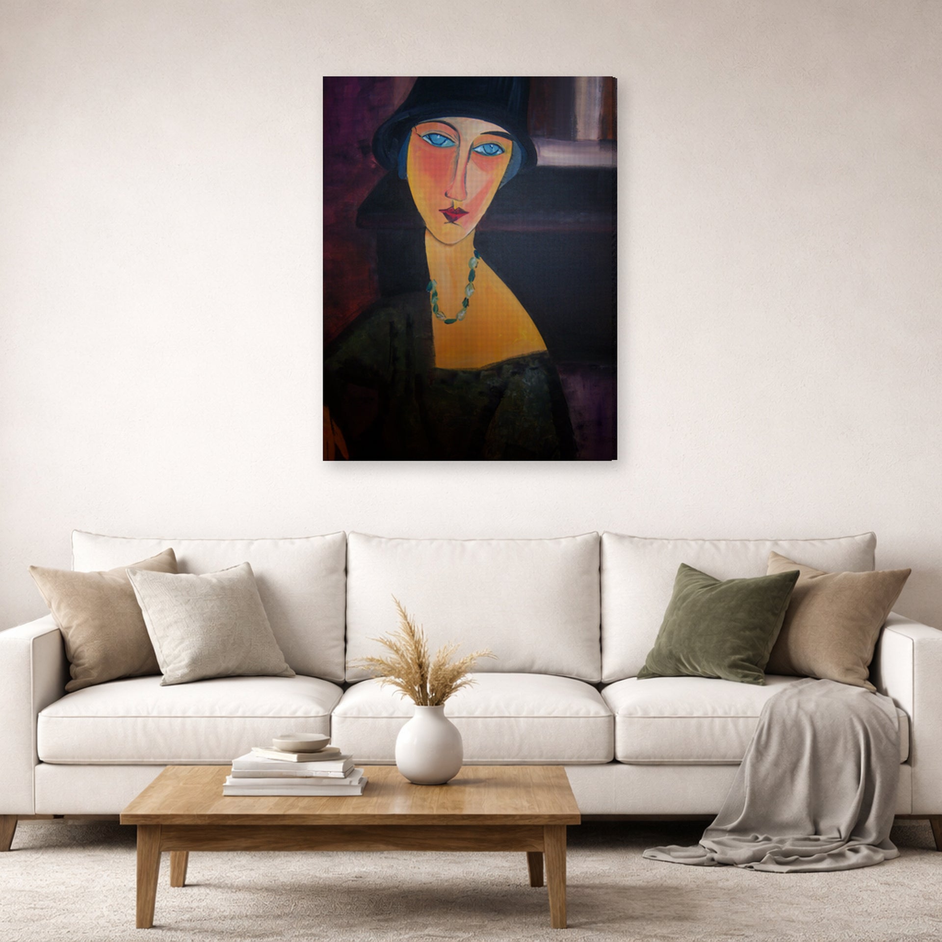 Gallery-wrapped canvas print of Amedeo Modigliani's Portrait of Jeanne Hebuterne displayed on a wall in a second living room setting
