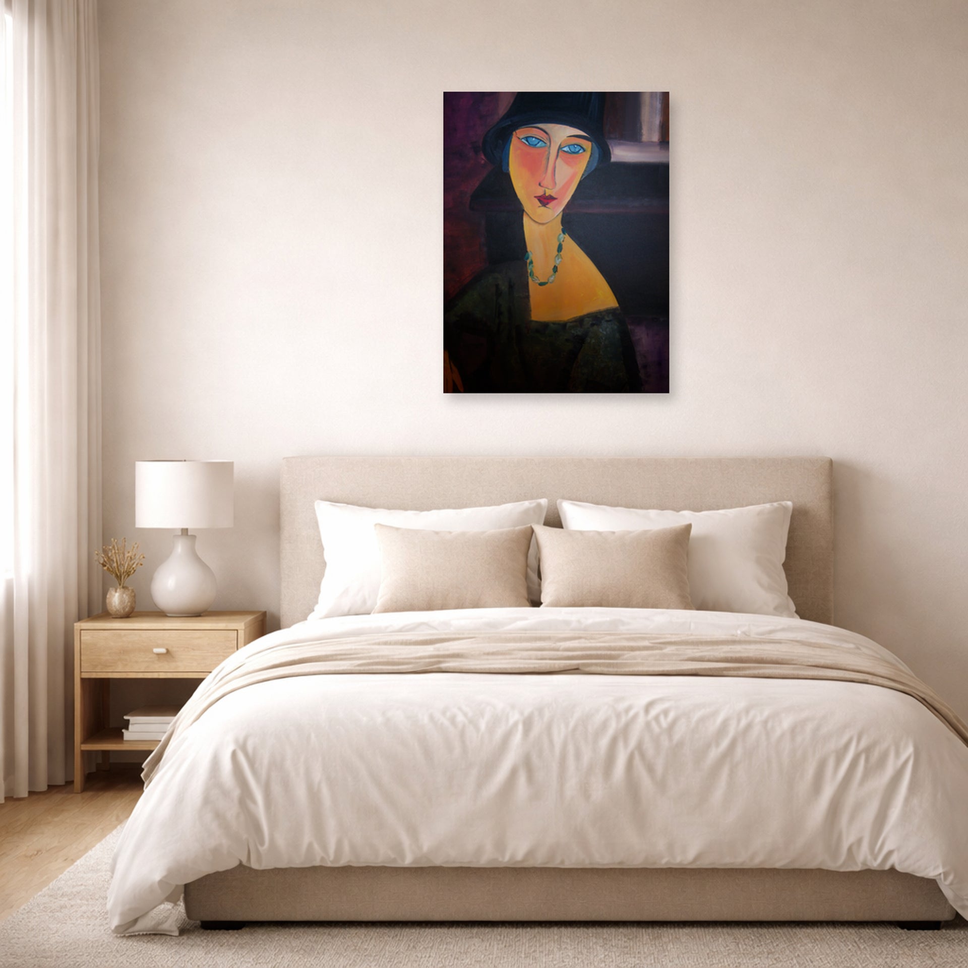 Unframed poster print of Amedeo Modigliani's Portrait of Jeanne Hebuterne displayed on a wall in a bedroom