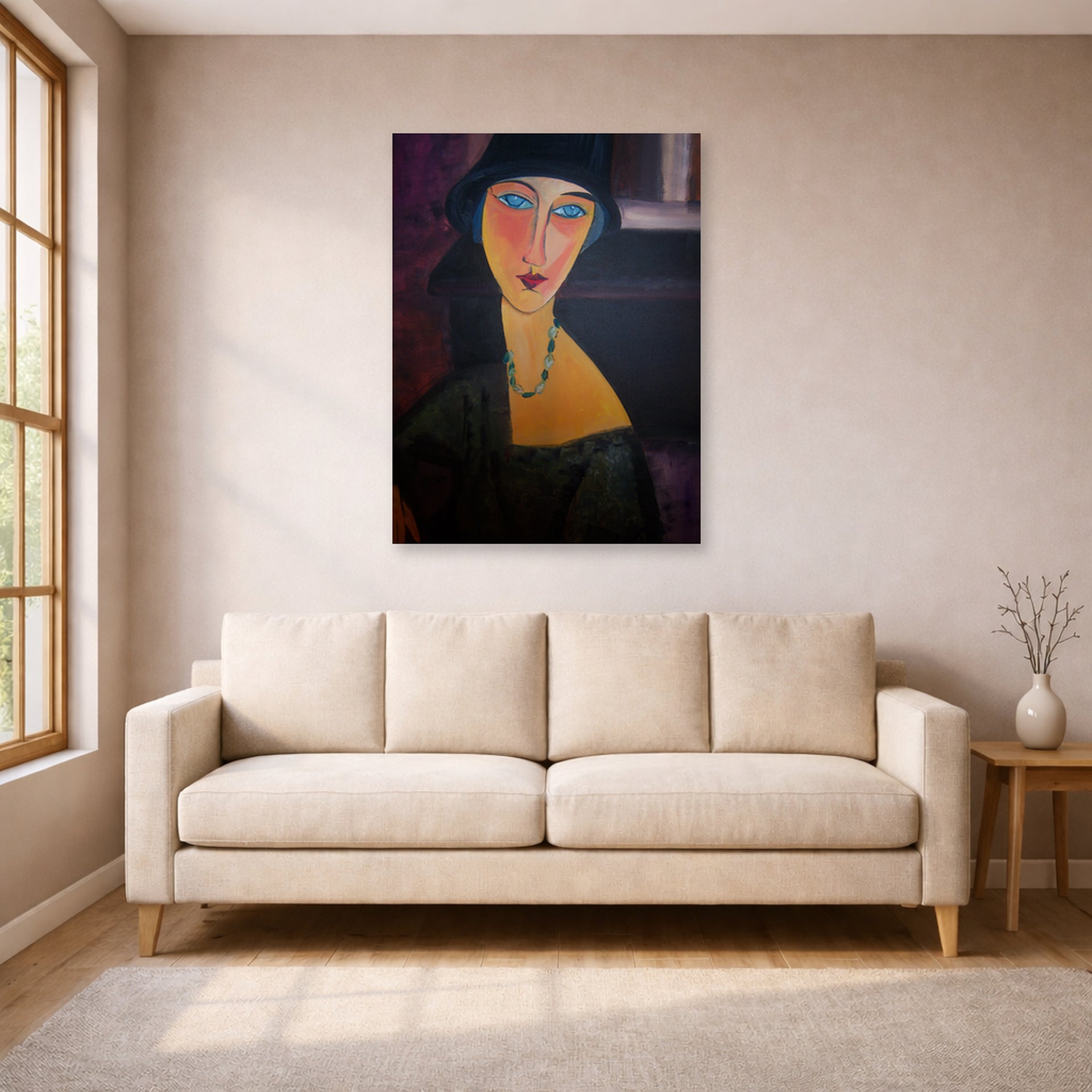 Unframed poster print of Amedeo Modigliani's Portrait of Jeanne Hebuterne displayed on a wall in a living room