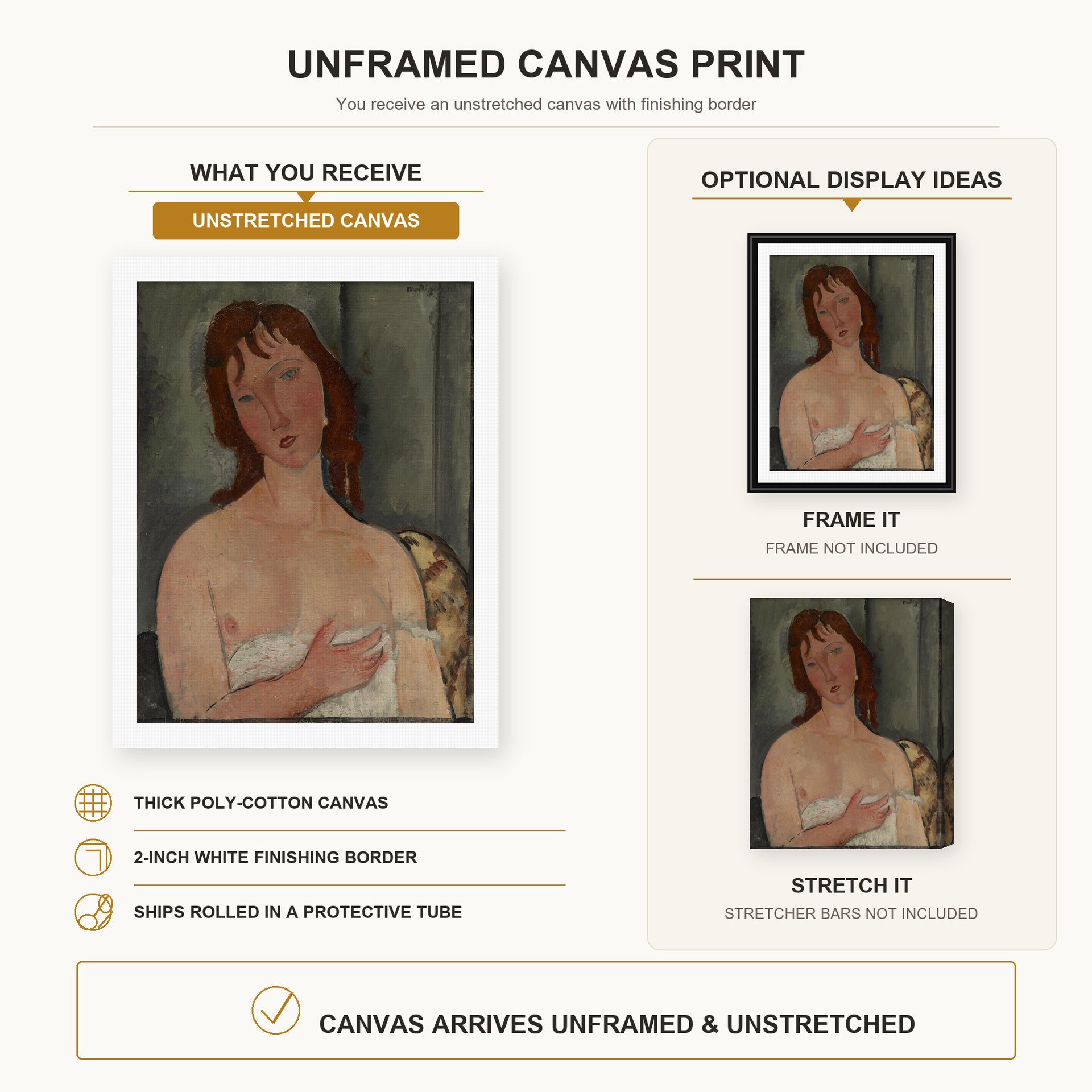 Amedeo Modigliani - Portrait of a Young Woman canvas print size comparison and framing display infographic