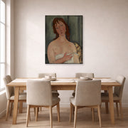 Gallery-wrapped canvas print of Amedeo Modigliani's Portrait of a Young Woman displayed on a wall in a dining room