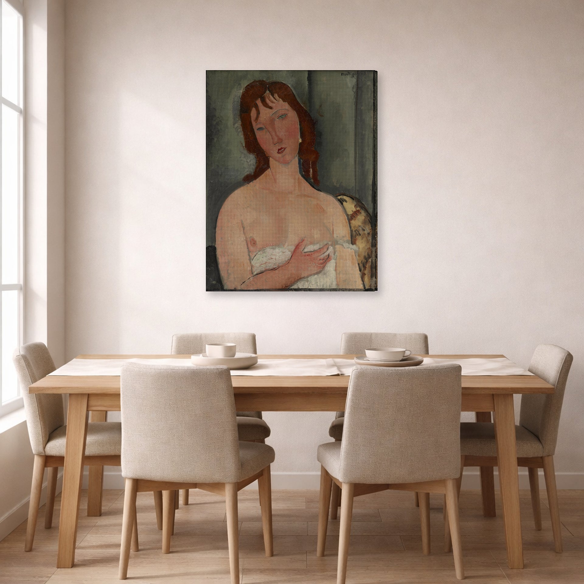 Gallery-wrapped canvas print of Amedeo Modigliani's Portrait of a Young Woman displayed on a wall in a dining room