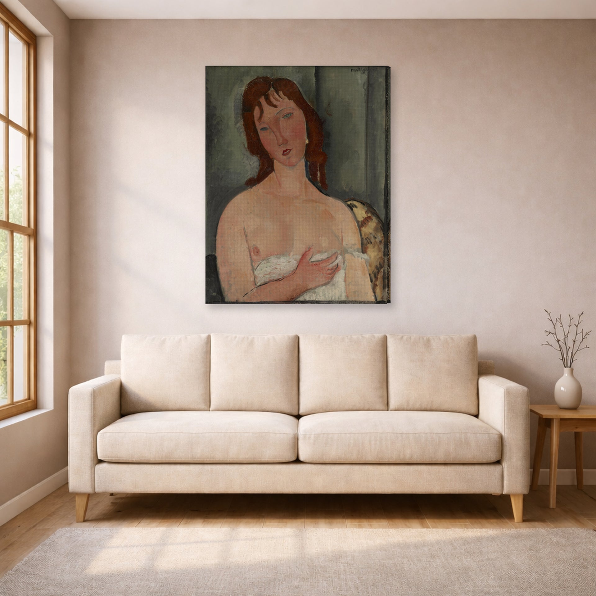 Gallery-wrapped canvas print of Amedeo Modigliani's Portrait of a Young Woman displayed on a wall in a living room