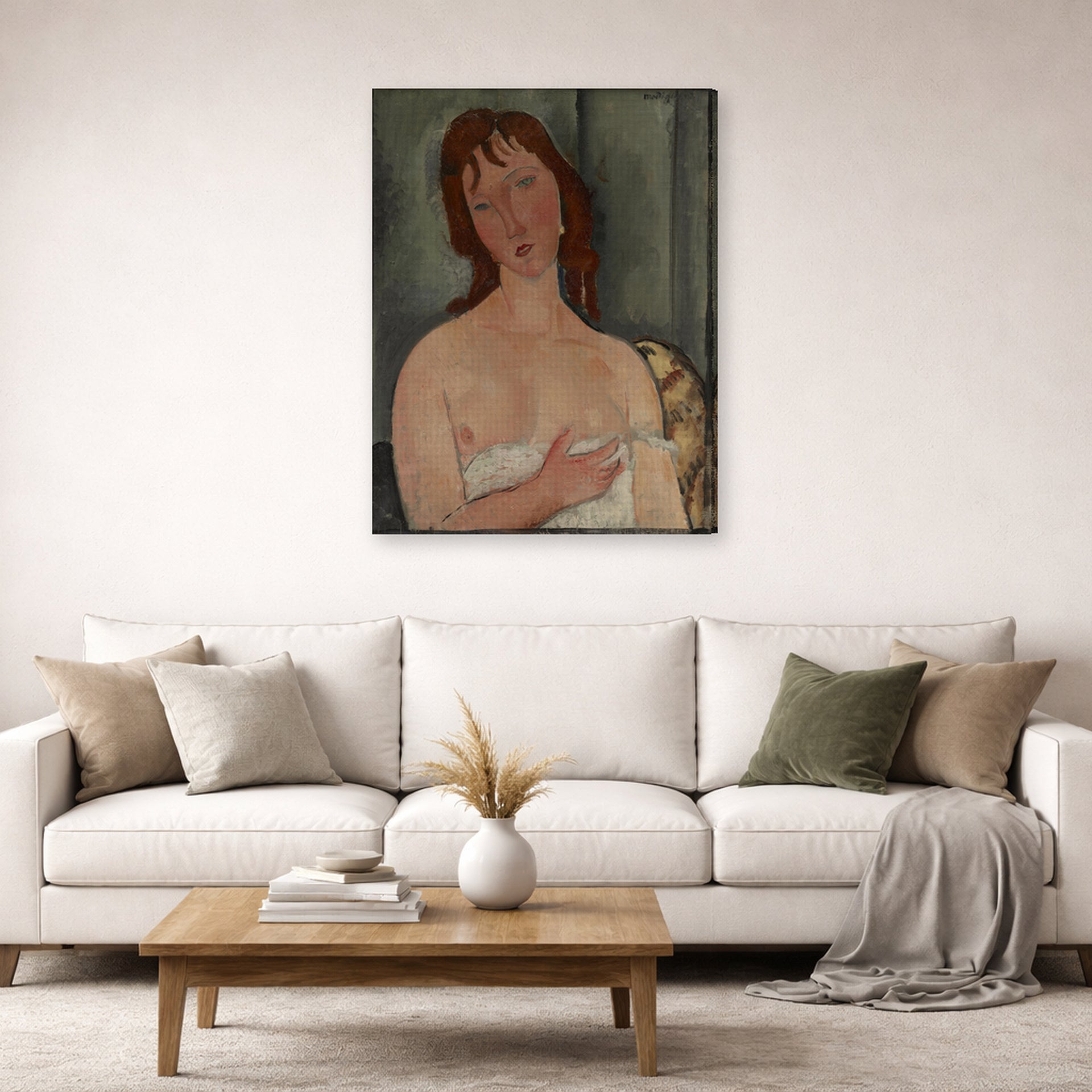 Gallery-wrapped canvas print of Amedeo Modigliani's Portrait of a Young Woman displayed on a wall in a second living room setting