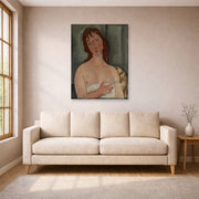 Unframed poster print of Amedeo Modigliani's Portrait of a Young Woman displayed on a wall in a living room