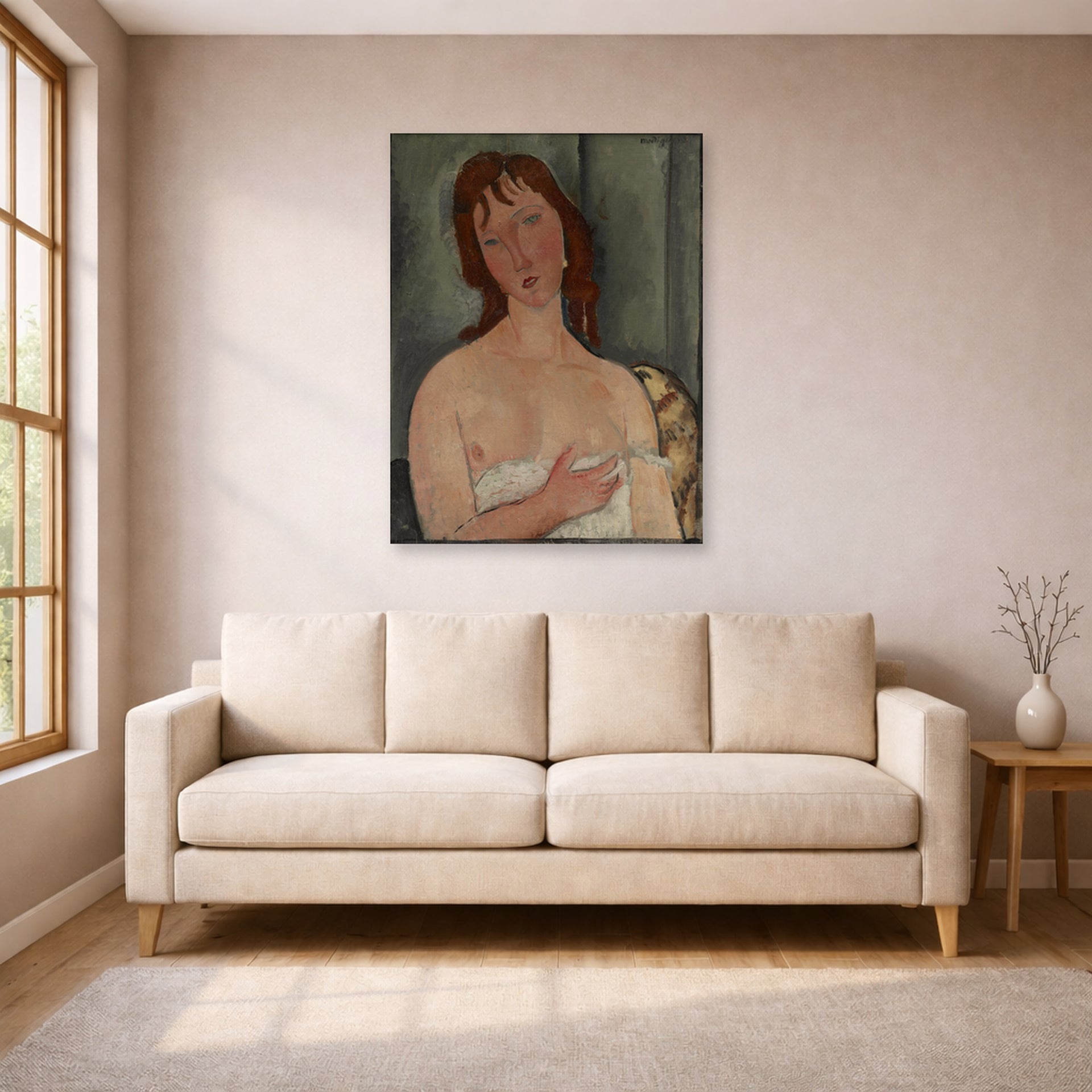 Unframed poster print of Amedeo Modigliani's Portrait of a Young Woman displayed on a wall in a living room