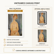 Amedeo Modigliani - Seated Nude canvas print size comparison and framing display infographic