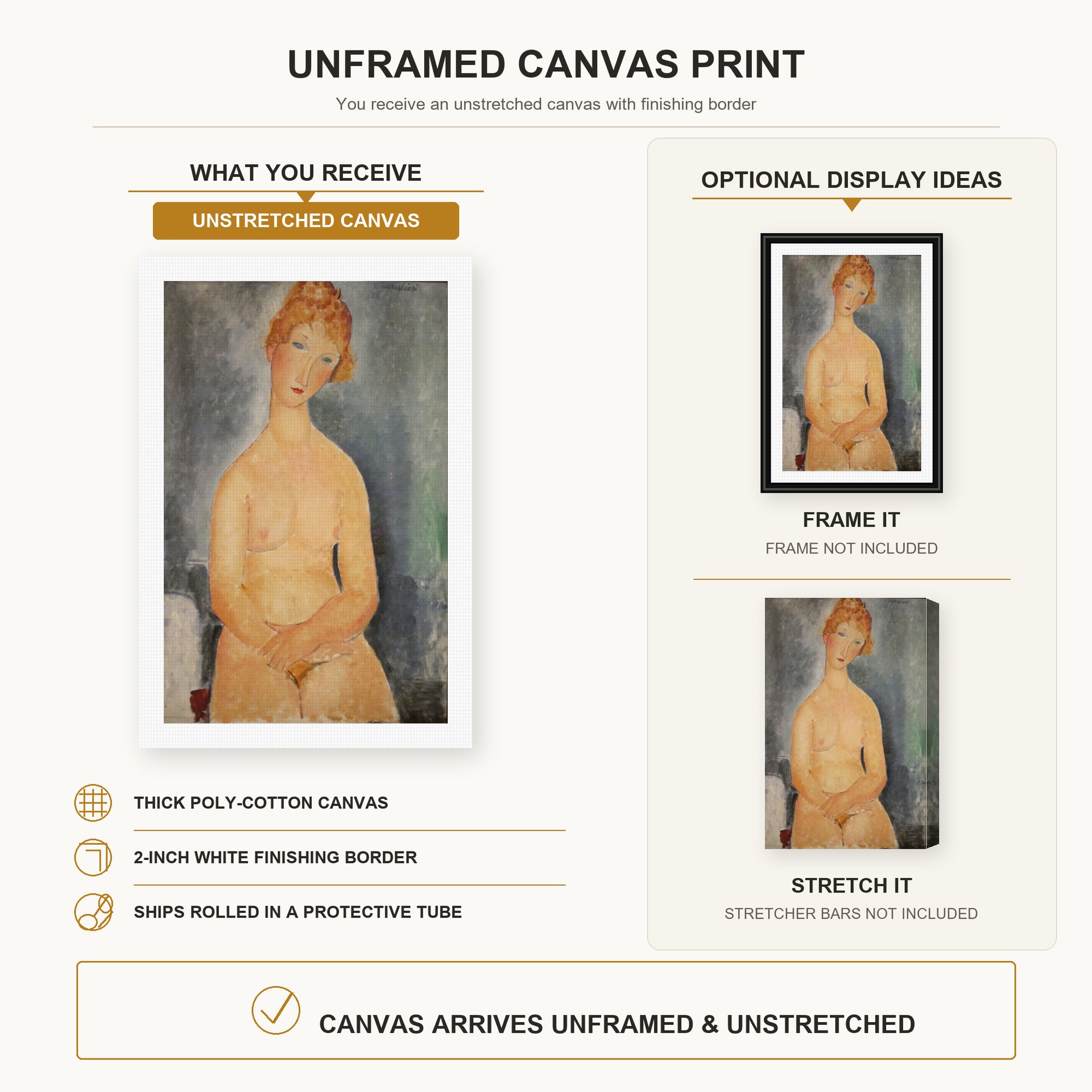 Amedeo Modigliani - Seated Nude canvas print size comparison and framing display infographic