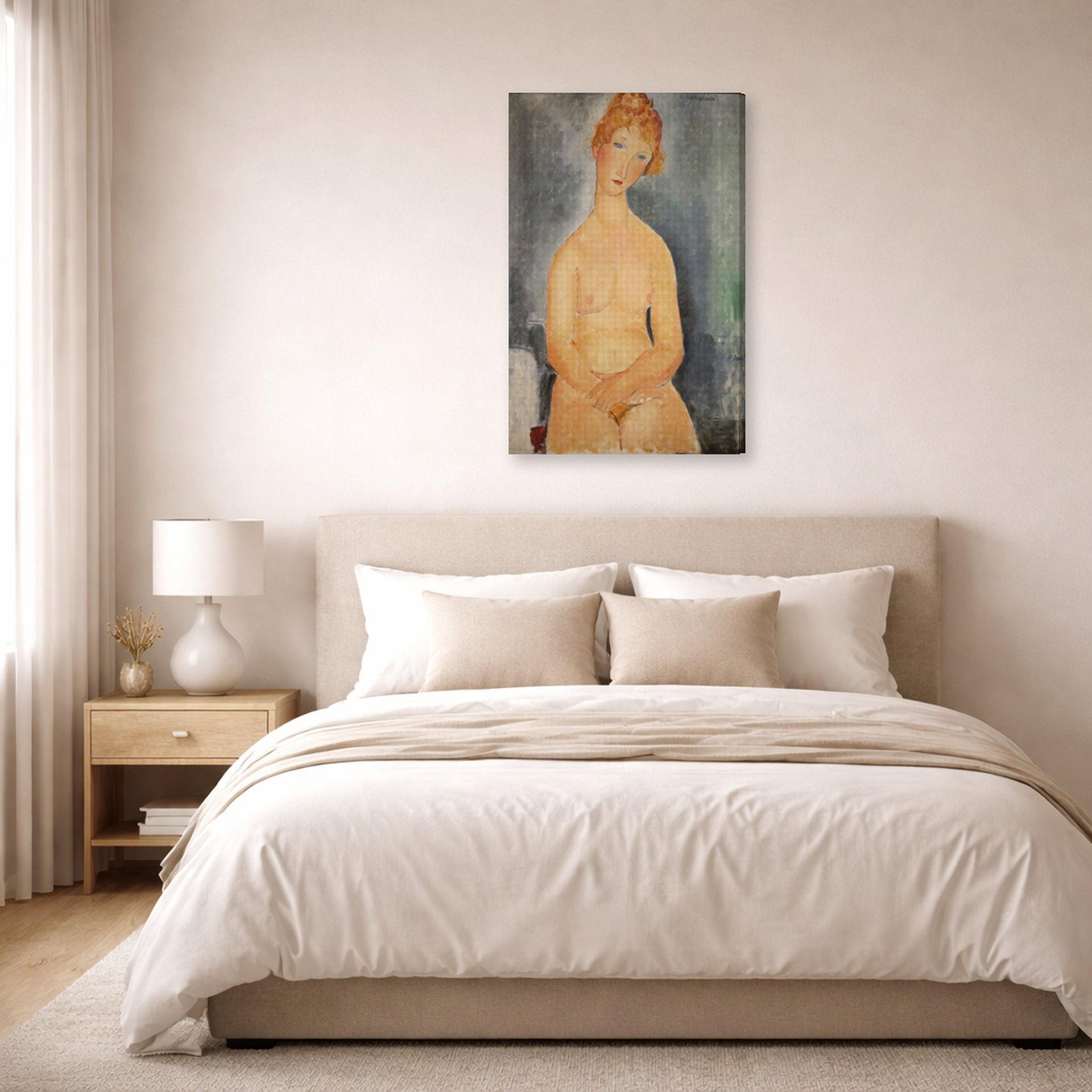 Gallery-wrapped canvas print of Amedeo Modigliani's Seated Nude displayed on a wall in a bedroom