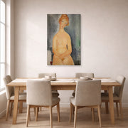 Gallery-wrapped canvas print of Amedeo Modigliani's Seated Nude displayed on a wall in a dining room