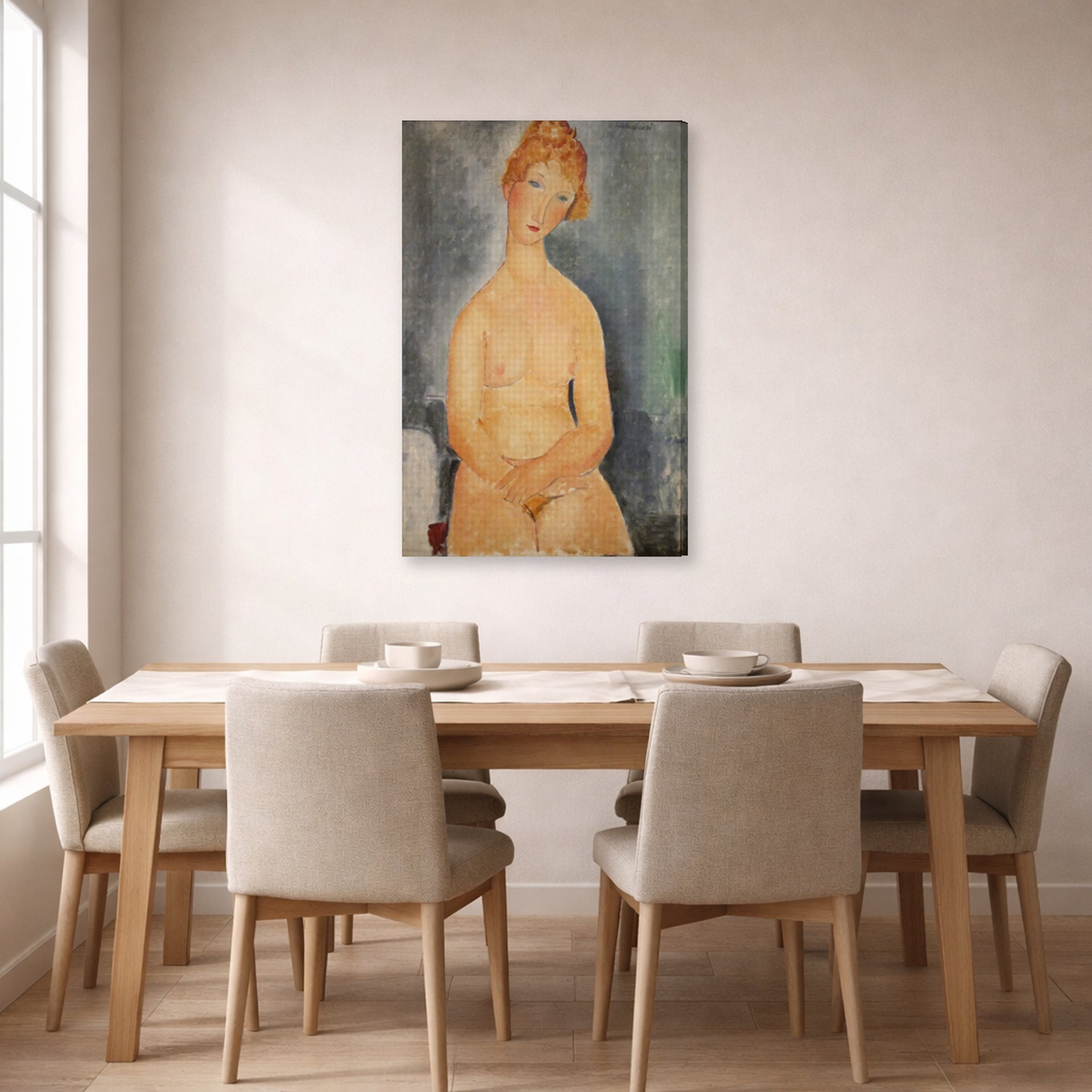 Gallery-wrapped canvas print of Amedeo Modigliani's Seated Nude displayed on a wall in a dining room