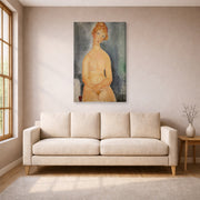 Gallery-wrapped canvas print of Amedeo Modigliani's Seated Nude displayed on a wall in a living room