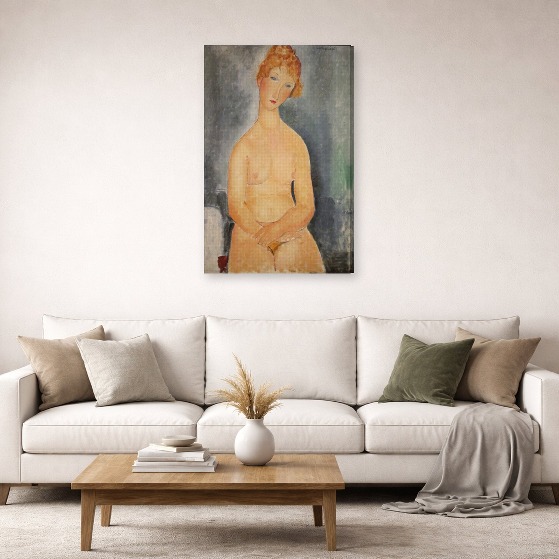 Gallery-wrapped canvas print of Amedeo Modigliani's Seated Nude displayed on a wall in a second living room setting