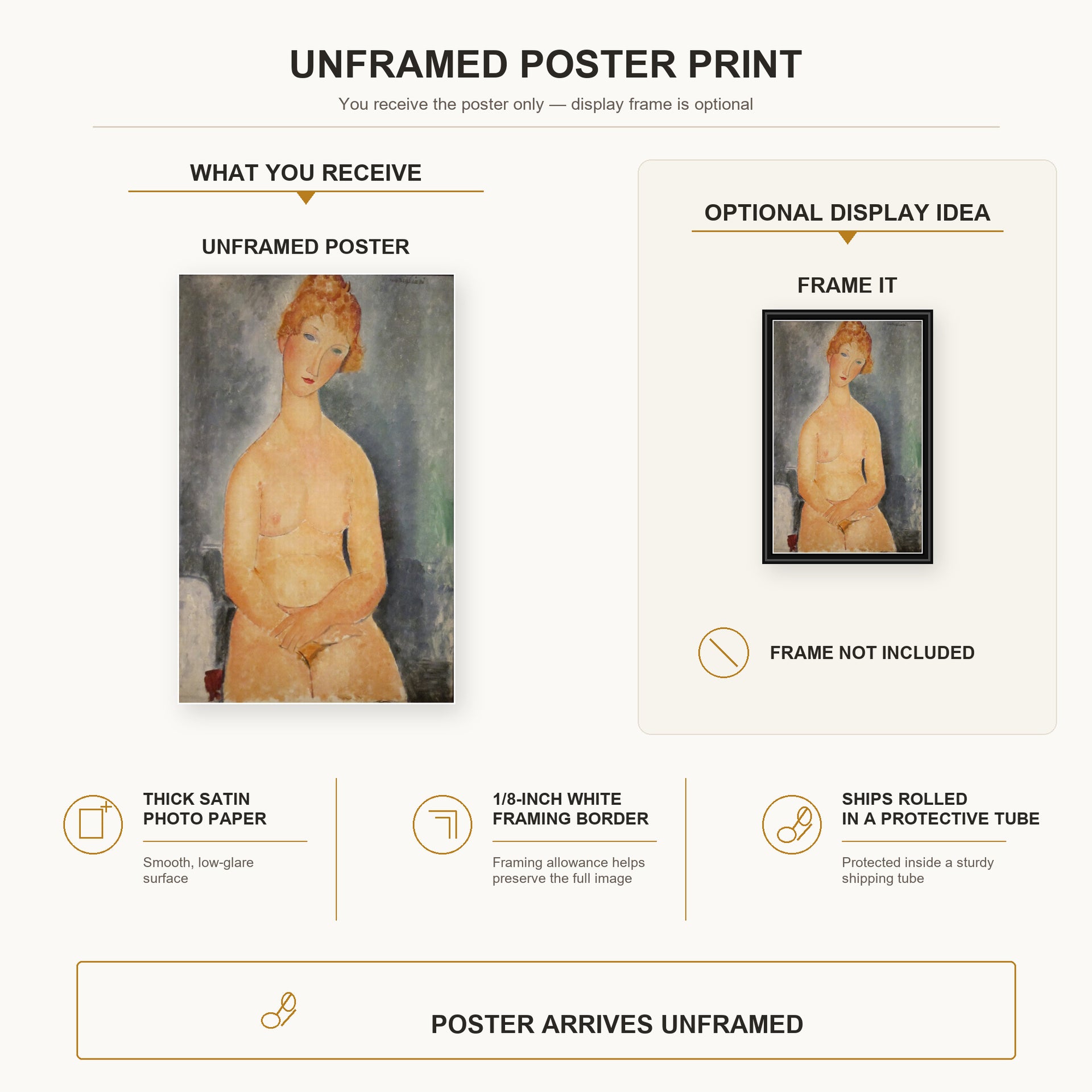 Amedeo Modigliani - Seated Nude poster print size comparison and framing display infographic