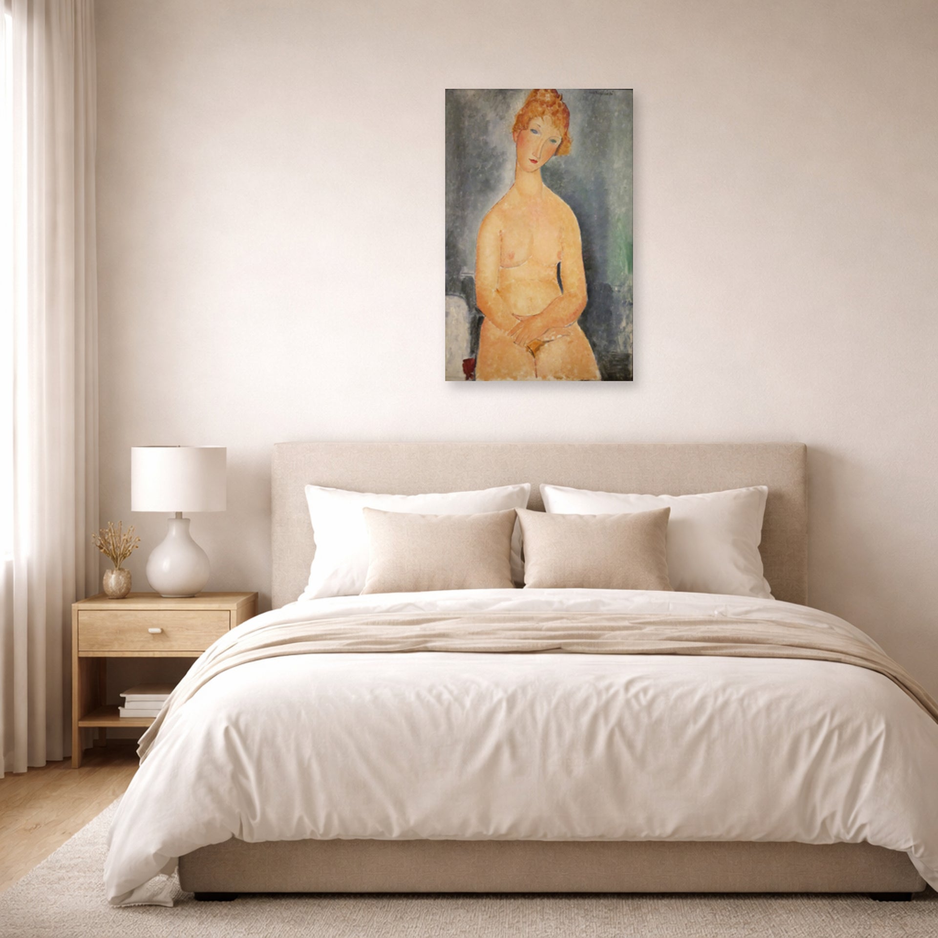 Unframed poster print of Amedeo Modigliani's Seated Nude displayed on a wall in a bedroom