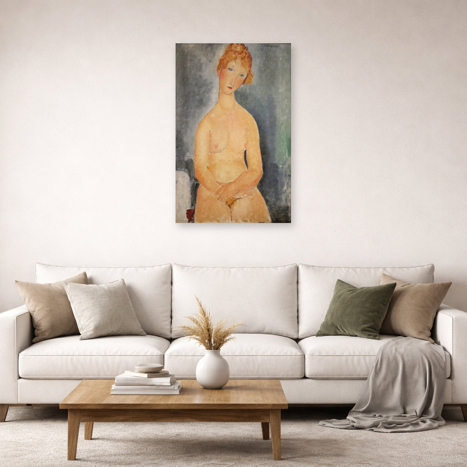 Unframed poster print of Amedeo Modigliani's Seated Nude displayed on a wall in a second living room setting
