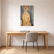 Unframed poster print of Amedeo Modigliani's Seated Nude displayed on a wall in an office