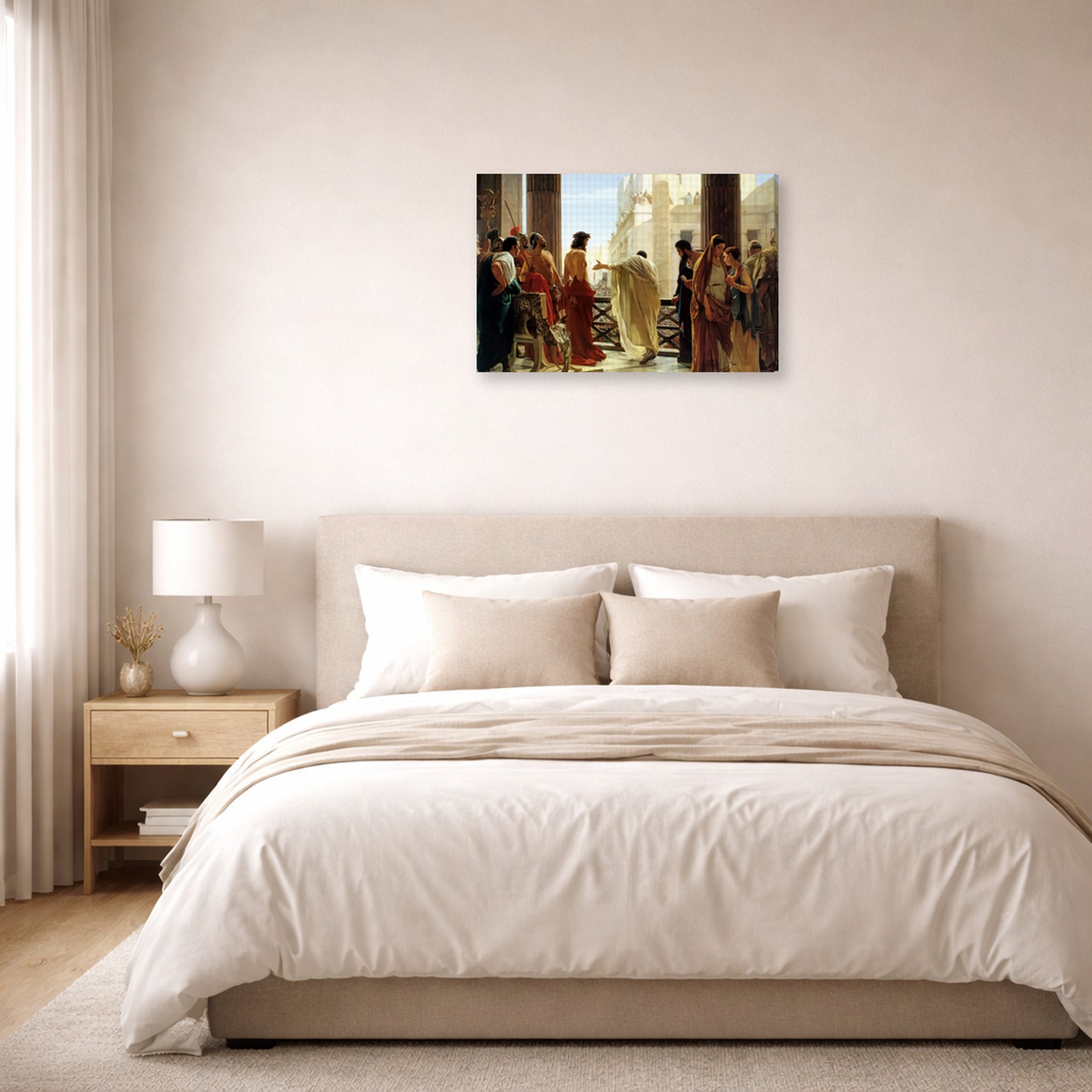 Gallery-wrapped canvas print of Antonio Ciseri's Ecce Homo displayed on a wall in a bedroom