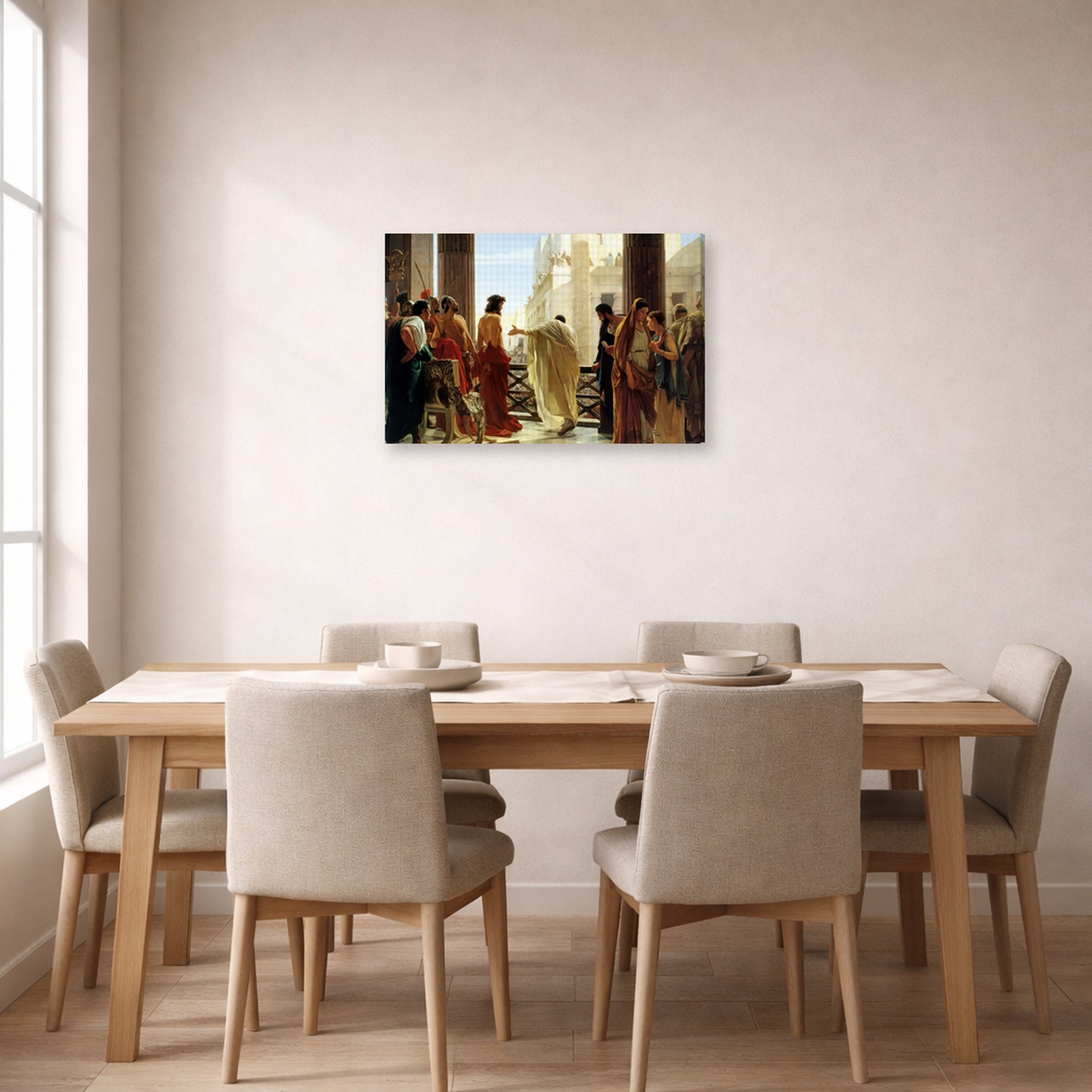 Gallery-wrapped canvas print of Antonio Ciseri's Ecce Homo displayed on a wall in a dining room