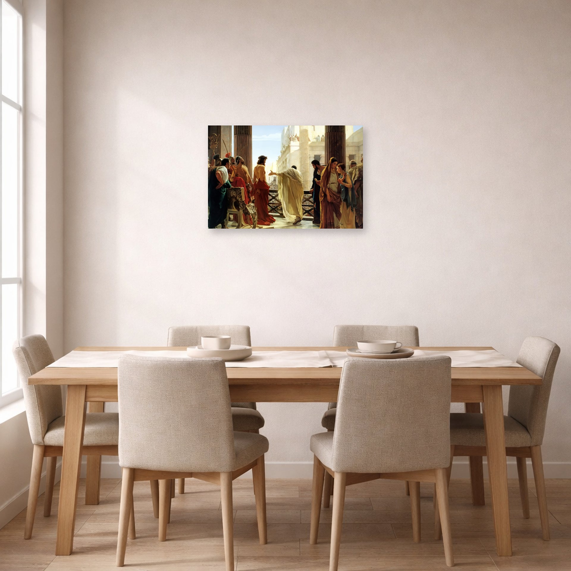 Unframed poster print of Antonio Ciseri's Ecce Homo displayed on a wall in a dining room