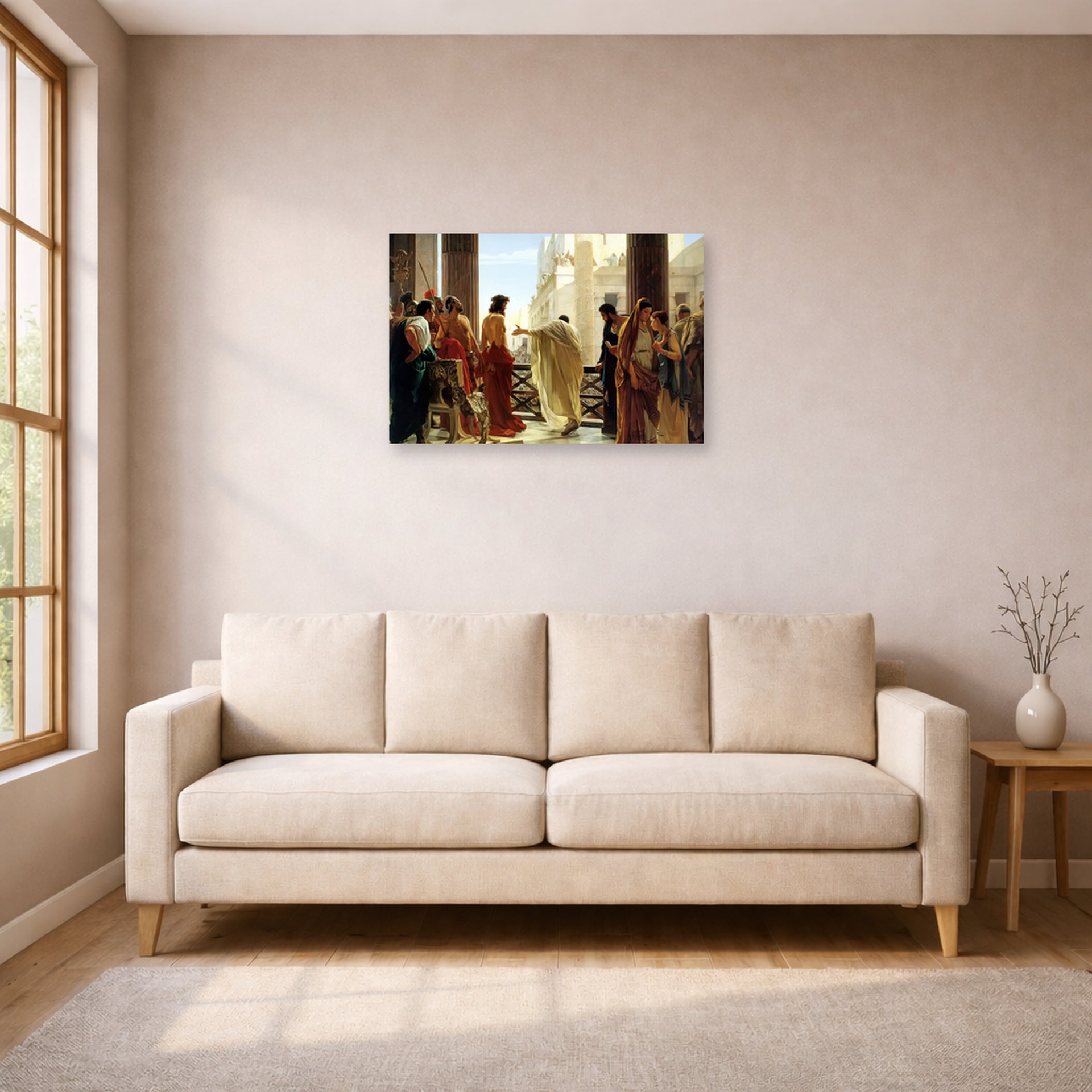 Unframed poster print of Antonio Ciseri's Ecce Homo displayed on a wall in a living room