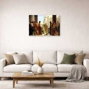 Unframed poster print of Antonio Ciseri's Ecce Homo displayed on a wall in a second living room setting