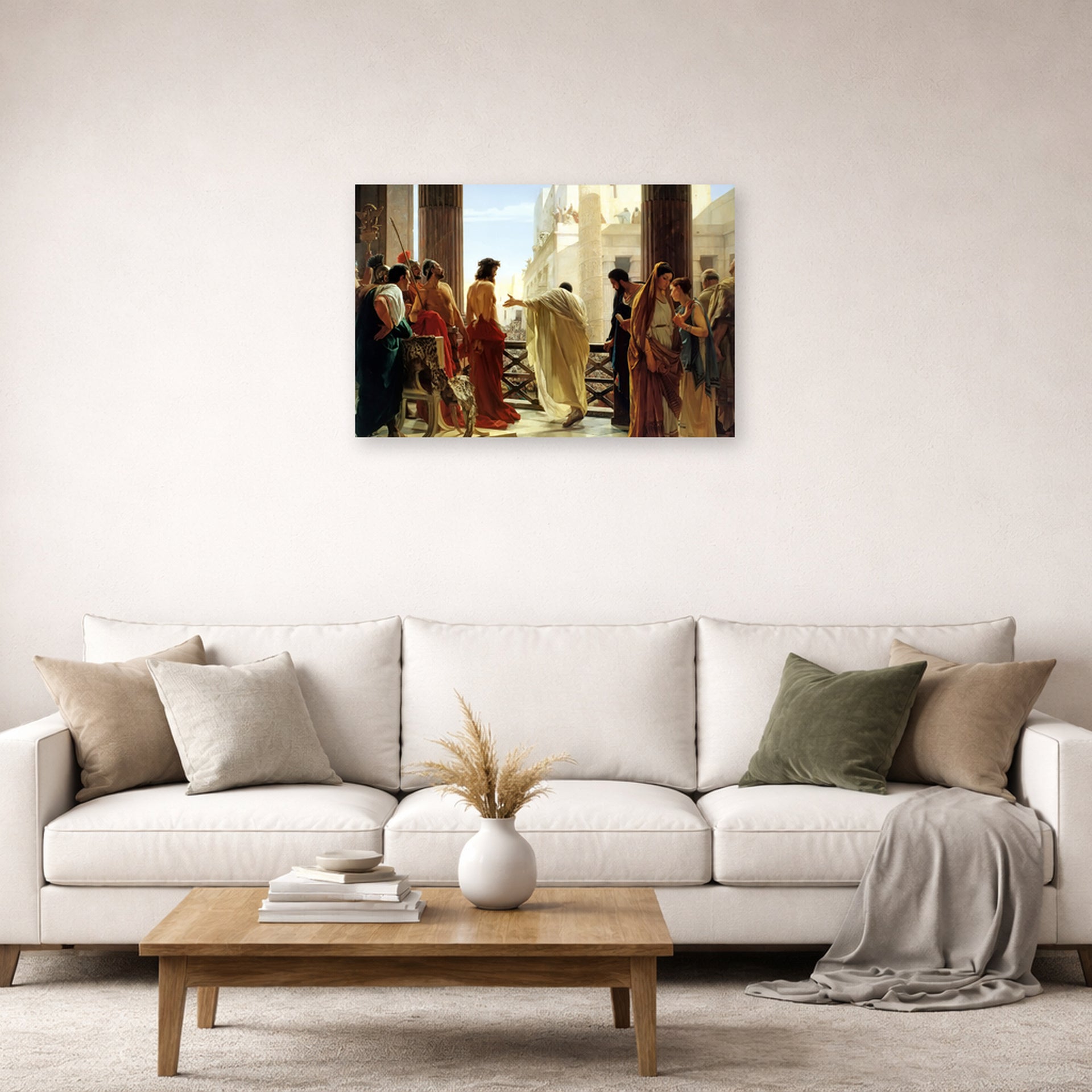 Unframed poster print of Antonio Ciseri's Ecce Homo displayed on a wall in a second living room setting