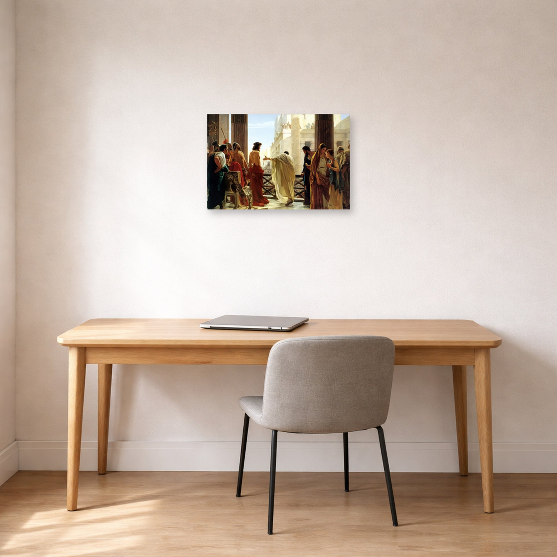 Unframed poster print of Antonio Ciseri's Ecce Homo displayed on a wall in a office