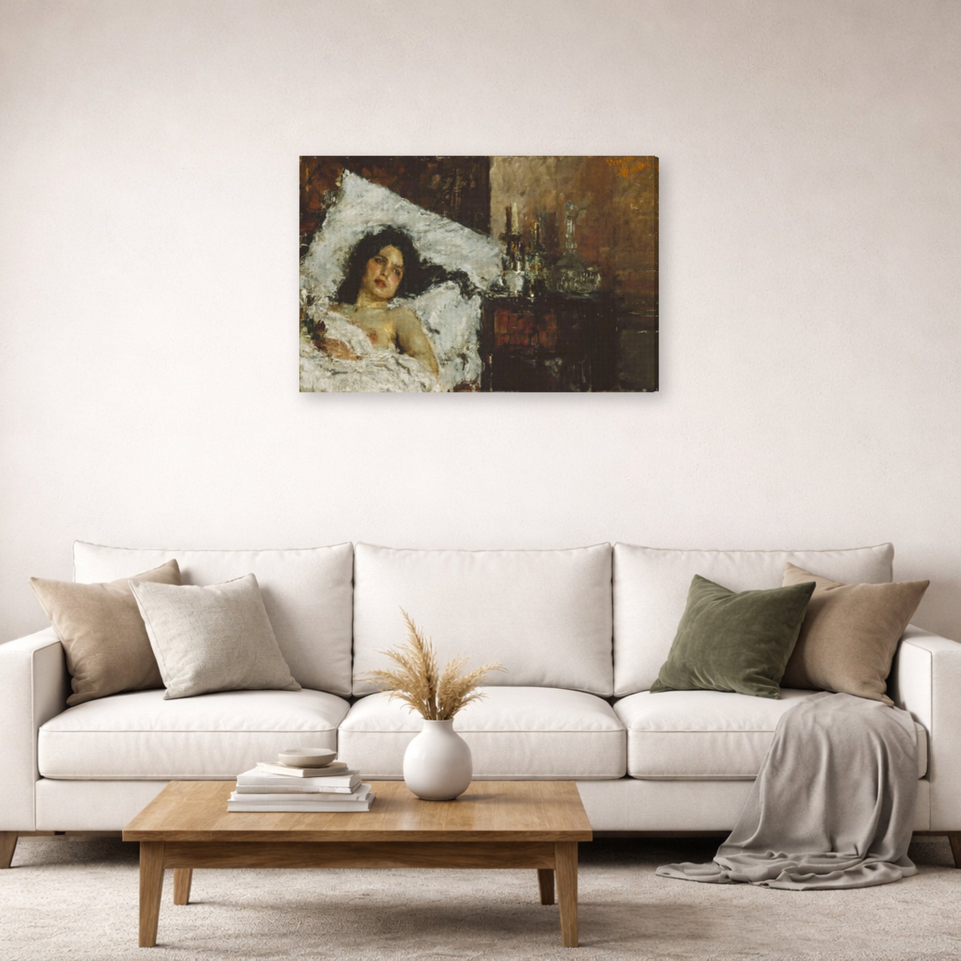 Gallery-wrapped canvas print of Antonio Mancini's Resting displayed on a wall in a living room